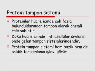 Protein tampon sistemi






Proteinler hücre içinde çok fazla
bulunduklarından tampon olarak önemli
role sahiptir.
Doku hücrelerinde, intrasellüler sıvıların
önde gelen tampon sistemlerindendir.
Protein tampon sistemi hem bazik hem de
asidik tamponlama işlevi görür.

 