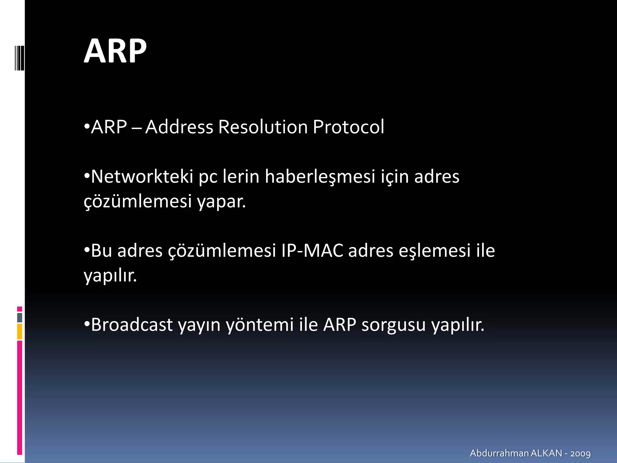 ARP
•ARP – Address Resolution Protocol

•Networkteki pc lerin haberleşmesi için adres 
çözümlemesi yapar.

•Bu adres çözümlemesi IP‐MAC adres eşlemesi ile 
yapılır.

•Broadcast yayın yöntemi ile ARP sorgusu yapılır.




                                                 Abdurrahman ALKAN ‐ 2009
 