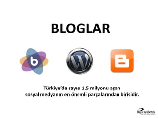 BLOGLAR


        Türkiye’de sayısı 1,5 milyonu aşan
sosyal medyanın en önemli parçalarından birisidir.
 