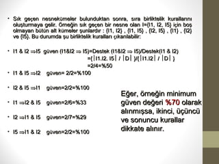 • Sık geçen nesnekümeler bulunduktan sonra, sıra birliktelik kurallarını
oluşturmaya gelir. Örneğin sık geçen bir nesne olan I={I1, I2, I5} için boş
olmayan bütün alt kümeler şunlardır : {I1, I2} , {I1, I5} , {I2, I5} , {I1} , {I2}
ve {I5}. Bu durumda şu birliktelik kuralları çıkarılabilir:
• I1 & I2 ⇒I5 güven (I1&I2 ⇒ I5)=Destek (I1&I2 ⇒ I5)/Destek(I1 & I2)
={I1.I2. I5 / D }/{I1.I2 / D }
=2/4=%50
• I1 & I5 ⇒I2 güven= 2/2=%100
• I2 & I5 ⇒I1

güven=2/2=%100

• I1 ⇒I2 & I5

güven=2/6=%33

• I2 ⇒I1 & I5

güven=2/7=%29

• I5 ⇒I1 & I2

güven=2/2=%100

Eğer, örneğin minimum
güven değeri %70 olarak
alınmışsa, ikinci, üçüncü
ve sonuncu kurallar
dikkate alınır.

 