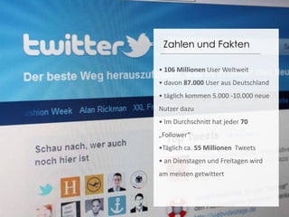 Zahlen und Fakten• 106 Millionen User Weltweit• davon 87.000 User aus Deutschland• täglich kommen 5.000 -10.000 neue Nutzer dazu• Im Durchschnitt hat jeder 70 „Follower“•Täglich ca. 55 Millionen  Tweets• an Dienstagen und Freitagen wird am meisten getwittert