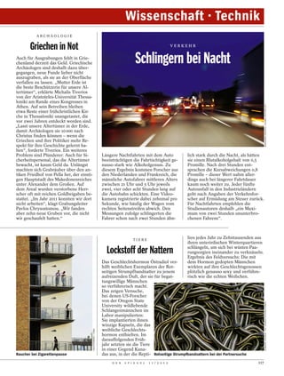 Wissenschaft · Technik
           ARCHÄOLOGI E


       Griechen in Not                                                                                        VERKEHR


Auch für Ausgrabungen fehlt in Grie-
chenland derzeit das Geld. Griechische
Archäologen sind deshalb dazu über-
                                                                                    Schlingern bei Nacht
gegangen, neue Funde lieber nicht
auszugraben, als sie an der Oberfläche
verfallen zu lassen. „Mutter Erde ist
die beste Beschützerin für unsere Al-
tertümer“, erklärte Michalis Tiverios
von der Aristoteles-Universität Thessa-
loniki am Rande eines Kongresses in




                                                                                                                                                           BERNHARD FREISEN / GLOBAL-PICTURE.NET
Athen. Auf sein Betreiben bleiben
etwa Reste einer frühchristlichen Kir-
che in Thessaloniki unangetastet, die
vor zwei Jahren entdeckt worden sind.
„Lasst unsere Altertümer in der Erde,
damit Archäologen sie 10 000 nach
Christus finden können – wenn die
Griechen und ihre Politiker mehr Re-
spekt für ihre Geschichte gelernt ha-
ben“, forderte Tiverios. Ein weiteres
Problem sind Plünderer: Auch für Si-                             Längere Nachtfahrten mit dem Auto                lich stark durch die Nacht, als hätten
cherheitspersonal, das die Altertümer                            beeinträchtigen die Fahrtüchtigkeit ge-          sie einen Blutalkoholgehalt von 0,5
bewacht, ist kaum Geld da. Unlängst                              nauso stark wie Alkoholgenuss. Zu                Promille. Nach drei Stunden ent-
machten sich Grabräuber über den an-                             diesem Ergebnis kommen Forscher aus              sprachen die Kursabweichungen 0,8
tiken Friedhof von Pella her, der einsti-                        den Niederlanden und Frankreich, die             Promille – dieser Wert nahm aller-
gen Hauptstadt des Makedonenreiches                              männliche Autofahrer mittleren Alters            dings auch bei längerer Fahrtdauer
unter Alexander dem Großen. Auf                                  zwischen 21 Uhr und 5 Uhr jeweils                kaum noch weiter zu. Jeder fünfte
dem Areal wurden verstorbene Herr-                               zwei, vier oder acht Stunden lang auf            Autounfall in den Industrieländern
scher oft mit reichen Goldbeigaben be-                           die Autobahn schickten. Eine Video-              geht nach Angaben der Verkehrsfor-
stattet. „Im Jahr 2011 konnten wir dort                          kamera registrierte dabei zehnmal pro            scher auf Ermüdung am Steuer zurück.
nicht arbeiten“, klagt Grabungsleiter                            Sekunde, wie häufig der Wagen vom                Für Nachtfahrten empfehlen die
Pavlos Chrysostomou. „Wir fanden                                 rechten Seitenstreifen abwich. Den               Studienautoren deshalb „ein Maxi-
aber zehn neue Gruben vor, die nicht                             Messungen zufolge schlingerten die               mum von zwei Stunden ununterbro-
wir geschaufelt hatten.“                                         Fahrer schon nach zwei Stunden ähn-              chenen Fahrens“.



                                                                                   TIERE
                                                                                                                  lien jedes Jahr zu Zehntausenden aus
                                                                                                                  ihren unterirdischen Winterquartieren
                                                                                                                  schlängeln, um sich bei wüsten Paa-
                                                                   Lockstoff der Nattern                          rungsorgien ineinander zu verknäueln.
                                                                                                                  Ergebnis des Feldversuchs: Die mit
                                                                 Das Geschlechtshormon Östradiol ver-             dem Hormon gedopten Männchen
                                                                 hilft weiblichen Exemplaren der Rot-             wirkten auf ihre Geschlechtsgenossen
                                                                 seitigen Strumpfbandnatter zu jenem              plötzlich genauso sexy und verführe-
                                                                 aufreizenden Duft, der sie für begat-            risch wie die echten Weibchen.
                                                                 tungswillige Männchen
                                                                 so verführerisch macht.
                                                                 Das zeigen Versuche,
                                                                 bei denen US-Forscher
                                                                 von der Oregon State
                                                                                                                                                           ROBERTA OLENICK / ALL CANADA PHOTOS/CORBIS




                                                                 University wildlebende
                                                                 Schlangenmännchen im
                                                                 Labor manipulierten:
                                                                 Sie implantierten ihnen
                                                                 winzige Kapseln, die das
                                                                 weibliche Geschlechts-
                                            HECHTENBERG / CARO




                                                                 hormon enthielten. Im
                                                                 darauffolgenden Früh-
                                                                 jahr setzten sie die Tiere
                                                                 in einer Gegend Kana-
Raucher bei Zigarettenpause                                      das aus, in der die Repti- Rotseitige Strumpfbandnattern bei der Partnersuche
                                                                      D E R   S P I E G E L   1 1 / 2 0 1 2                                          117
 