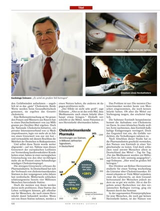 Titel




                                                                                                                  Notfallspray zum Weiten der Gefäße




                                                                                                                       Einsetzen eines Herzkatheters

Kardiologe Erdmann: „Es wird im großen Stil betrogen“

den Gefäßwänden aufnehmen – angeb-           einen Nutzen haben, die anderen 96 da-                          Das Problem ist nur: Die meisten Cho-
lich ist es das „gute“ Cholesterin. Beide    gegen profitieren nicht.                                     lesterinsenker werden heute von Men-
Werte werden beim Gesundheitscheck             „Der Effekt ist nicht sehr groß“, sagt                     schen eingenommen, die noch keinen
gemessen, sie ergeben das Gesamt-            Erdmann. „Aber es ist das erste Mal, dass                    Infarkt hatten. Ob aber die Mittel zur
cholesterin.                                 Medikamente nach einem Infarkt über-                         Vorbeugung taugen, das erscheint frag-
   Eine Reihenuntersuchung an 760 gesun-     haupt etwas bringen.“ Deshalb ver-                           lich.
den Frauen und Männern aus Bayern hat-       schreibt er die Mittel, wenn Patienten ei-                      Die Substanz Ezetimib beispielsweise
te einen Durchschnittswert von 245 Milli-    nen Herzinfarkt überstanden haben.                           hemmt die Aufnahme von Cholesterin
gramm pro Deziliter Blut ergeben. Doch                                                                    im Darm. In einer klinischen Studie woll-
die Nationale Cholesterin-Initiative, ein                                                                 ten Ärzte nachweisen, dass Ezetimib kalk-
privater Interessenverbund von 13 Medi-      Cholesterinsenkende                                          haltige Einlagerungen verringert. Doch
zinprofessoren, legte vor mehr als 20 Jah-   Pharmaka                                  1471               das Gegenteil trat ein, die Gefäße ver-
                                                                                                 1500
ren einen Grenzwert von nur 200 fest –                                                                    dickten, die Verkalkungen nahmen zu.
und verwandelte mit diesem Beschluss die     Verordnungen von Statinen,                                      Nach Abschluss dieser Studie hat es
Mehrheit der Deutschen in Risikopatienten.   in Millionen deﬁnierten                                      die Pharmaindustrie geschickt vermieden,
   Und selbst diese Norm wurde weiter        Tagesdosen,                                                  den Nutzen von Ezetimib in einer Ver-
abgesenkt – auf 193. Nähme man diesen        in Deutschland                                      1200     gleichsstudie zu testen. Und doch schlu-
Grenzwert der europäischen Leitlinien                                                                     cken rund 300 000 Menschen allein in
zur Vermeidung kardiovaskulärer Krank-                                                                    Deutschland das Mittel – Tag für Tag.
heiten ernst, hätten in einer norwegischen                                                                „Für das Medikament werden 220 Millio-
Untersuchung von den über 50-Jährigen                                                             900
                                                                                                          nen Euro im Jahr unsinnig ausgegeben“,
mehr als 90 Prozent einen behandlungs-                                                                    sagt Erdmann. „Hier wird im großen Stil
würdigen Cholesterinspiegel.                                783                                           betrogen.“
                                                                       Veränderung
   Die strengen Grenzwerte erfreuen die                                2010 gegen-                           Der Direktor am Kölner Herzzentrum
Pharmaindustrie. In Deutschland hat sich                                über 2001                         studierte für einen Vortrag wochenlang
der Verbrauch von cholesterinsenkenden       518                                                  600     die Literatur über Cholesterinsenker. Er-
Statinen in den vergangenen zehn Jahren                                 +184%                             staunt erkannte er: Viele Mittel verändern
fast verdreifacht. Mittlerweile schlucken                                                                 zwar die Laborwerte, an dem Gesund-
schätzungsweise bereits vier Millionen                Patienten in                                        heitszustand der Menschen jedoch än-
Menschen hierzulande Statine.                           täglicher                                         dern sie so gut wie nichts. Als er das Er-
                                                                                                  300
   Doch die meisten von ihnen werden                Behandlung, 2010                                      gebnis seiner Recherchen vor den ver-
davon nicht profitieren. Dass Statine das            ca.   4 Mio.*                                        sammelten Kollegen vortrug, ging ein
Leben verlängern können, gilt offenbar                                                                    Raunen durch das Seminar.
                                                                             *statistischer Wert,
nur für Menschen, die nach einem Herz-                                        bezogen auf Standarddosen      In der sogenannten Primärprophylaxe
infarkt damit behandelt werden: Wenn                                                                      für jene Menschen, die noch gar keinen
100 von ihnen Statine nehmen, werden 4       2001             2005                     2010               Herzinfarkt hatten, ist der Nutzen von
122                                                 D E R    S P I E G E L     1 1 / 2 0 1 2
 