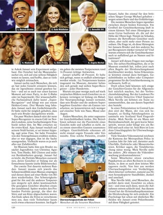 VATICAN POOL / CONTRASTO / LAIF
                                                                                                                                                                                         Jansari, habe ihn einmal für den briti-
                                                                                                                                                                                         schen Sänger George Michael gehalten –




                                                                                     INDIGO / GETTY IMAGES
                                                                                                                                                                                         wegen seines Barts und des Goldohrrings.




                        JEWEL SAMAD / AFP
                                                                                                                                                                                            Die meisten Menschen liegen irgendwo
                                                                                                                                                                                         zwischen diesen beiden Extremen. Ein
                                                                                                                                                                                         Großteil der Gesichtserkennung läuft in
      1. Barack Obama                                           2. Kate Middleton                                              3. Benedikt XVI.                                          einem kleinen Teil einer Hirnregion na-
                                                                                                                                                                                         mens Gyrus fusiformis ab, die auf der
                                                                                                                                                                                         Höhe der Ohren liegt. Nimmt sie Schaden,
                                                                                                                                                                                         können die Betroffenen Gesichter noch
                        NANCY KASZERMAN / ZUMA PRESS / CORBIS




                                                                                                                                                                                         sehen, aber nicht mehr einer Person zu-
                                                                                                                                                                                         ordnen. Die Frage ist, ob diese Hirnregion
                                                                                                                                                                                         bei Jansaris Bruder und den anderen Su-
                                                                                                                                                                                         per-Recognizern stärker vernetzt ist? Und
                                                                                                                                                                                         warum erinnern sich die Gesichtserkenner




                                                                                                                                                  FRANK OSSENBRINK
                                                                                     TARGET / FOTEX.DE
                                                                                                                                                                                         auch so auffallend gut an Namen und Si-
                                                                                                                                                                                         tuationen?
                                                                                                                                                                                            Jansari will diesen Fragen nun nachge-
          4. Madonna                                              5. Elvis Presley                                           6. Angela Merkel                                            hen. Die sieben Hochbegabten, die er im
                                                                                                                                                                                         Museum ermittelt hat, sollen jetzt nach
te Ashok Jansari sein Experiment aufge-                                 nis gaben die meisten Testpersonen rund                                                                          allen Regeln der Hirnforschungskunst
baut. Der Forscher lud die Museumsbe-                                   70 Prozent richtige Antworten.                                                                                   durchleuchtet werden. Seine Erkenntnis-
sucher ein, sich auf eine seltene Fähigkeit                                Jansari schaffte 98 Prozent. Er habe                                                                          se könnten einmal dazu beitragen, Ge-
testen zu lassen, und hoffte, dass so viele                             sich gefragt, wann es endlich schwieriger                                                                        sichtsblinden zu helfen oder Computer-
wie möglich mitmachen.                                                  werden würde. 725 Testpersonen kamen                                                                             programme für die Gesichtserkennung zu
   Jansari suchte nach Menschen, die sich                               insgesamt ins Museum, darunter befan-                                                                            verbessern, hofft er.
an fast jedes Gesicht erinnern können,                                  den sich gerade mal sieben Super-Reco-                                                                              Doch schon bald könnten sich einige
das sie irgendwann einmal gesehen ha-                                   gnizer – jeder Hundertste.                                                                                       der Gesichter-Genies für die Allgemein-
ben – und sei es auch nur einen kurzen                                     Warum ein paar wenige auch auf stark                                                                          heit nützlich machen, bei der Verbre-
Moment auf einer Party, in der U-Bahn                                   verpixelten Bildern noch Gesichter zu er-                                                                        chensbekämpfung. Bei der Londoner Po-
oder im Supermarkt. Der wissenschaftli-                                 kennen vermögen ist bislang ein Rätsel.                                                                          lizei möchte Detective Chief Inspector
che Fachausdruck dafür lautet „Super-                                   Der Neuropsychologe Jansari vermutet,                                                                            Mick Neville am liebsten ein Team zu-
Recognizer“ und klingt wie aus einem                                    dass sein Bruder und die anderen Super-                                                                          sammenstellen, das aus diesen Superhel-
Helden-Comic. Drei Monate lang fahn-                                    begabten Gesichter eher als Ganzes ver-                                                                          den besteht.
dete Jansari nach den Gedächtnisprofis.                                 arbeiten; sie konzentrieren sich weniger                                                                            In einer Polizeistation in Central Lon-
Er hätte nicht für möglich gehalten, dass                               auf einzelne Teile wie Nase, Mund oder                                                                           don sitzt der Mann, der von sich be-
auch sein Bruder dazugehören würde.                                     Augen.                                                                                                           hauptet, so fleißig Fahndungsfotos zu
   Ein paar Wochen danach sitzt der neue                                   Anders Menschen, die unter sogenann-                                                                          sammeln wie Scotland Yard Fingerab-
Super-Recognizer in einem Café im Nor-                                  ter Gesichtsblindheit leiden. Die Betrof-                                                                        drücke. Mick Neville ist ein Mann mit
den Londons, seine hochschwangere Frau                                  fenen nehmen nur die Puzzleteile eines                                                                           Bürstenhaarschnitt, der gern kurze Sätze
hockt neben ihm. Im Mai erwarten sie                                    Gesichts wahr und schaffen es nicht, sie                                                                         spricht, wovon jeder klingt wie ein Be-
ihr erstes Kind. Ajay Jansari wackelt auf                               zu einem sinnvollen Ganzen zusammen-                                                                             fehl und auch einer ist. Sein Büro ist Lon-
seinem Stuhl herum, er sei immer hippe-                                 zufügen. Gesichtsblinde erkennen oft                                                                             dons Umschlagsplatz für Überwachungs-
lig, sagt seine Frau. Sie habe Freunden                                 nicht einmal engste Freunde oder Ver-                                                                            aufnahmen.
von den Testergebnissen erzählen wollen;                                wandte. Eine solche Patientin, erzählt                                                                              Viele Stunden Videomaterial zeichnen
aber er war dagegen, ihm ist die Sache                                                                                                                                                   die Kameras der Metropolitan Police in
unangenehm. Vielleicht waren es ja auch                                                                                                                                                  London Jahr für Jahr auf, darunter auch
alles nur Zufallstreffer.                                                                                                                                                                Überfälle, Einbrüche oder Messersteche-
   Im Museum hatte ihm sein Bruder zu-                                                                                                                                                   reien. Kritiker sagen, die Totalüberwa-
nächst Jugendfotos von Christina Agui-                                                                                                                                                   chung nütze wenig. Mick Neville sieht
lera, Tom Hanks, Bill Clinton und ande-                                                                                                                                                  das anders: „Wir müssen die Videoüber-
ren Berühmtheiten gezeigt. Jansari fiel                                                                                                                                                  wachung professionalisieren.“
es leicht, die Porträts Menschen zuzuord-                                                                                                                                                   Seine Mitarbeiter sitzen zwischen
nen, deren Gesichter er bislang nur als                                                                                                                                                  Pappkartons an alten Rechnern in einem
Erwachsene kannte (siehe Bilderstrecke).                                                                                                                                                 Raum, in dem es nach dem letzten Mit-
   Der zweite Test dauerte mehrere Run-                                                                                                                                                  tagessen riecht. Von hier aus werden
den: Jansari musste sich jeweils das                                                                                                                                                     Überwachungsfotos von Verdächtigen
Schwarzweißbild eines Mannes einprägen                                                                                                                                                   übers Internet verbreitet, zumeist aus Fil-
und diesen dann auf einer Reihe von Bil-                                                                                                                                                 men herauskopierte Standbilder, dunkel
                                                                                                                                                  UPPA TRUEBA / PICTURE-ALLIANCE / DPA




dern wiederfinden. Der Schwierigkeits-                                                                                                                                                   und unscharf.
grad für ihn und die anderen Testperso-                                                                                                                                                     Was Neville fehlt, sind Menschen, die
nen steigerte sich dabei kontinuierlich:                                                                                                                                                 perfekt darin sind, Gesichter zu erken-
Die gezeigten Gesichter ähnelten einan-                                                                                                                                                  nen – und zwar auch dann, wenn die Auf-
der zunehmend. Später wurden den Pro-                                                                                                                                                    nahmen extrem schlecht sind. Aus diesem
banden Porträts gezeigt, die über der                                                                                                                                                    Grund hat der Kriminalhauptkommissar
Stirn und am Kinn abgeschnitten waren.                                                                                                                                                   die Hirnforschung für sich entdeckt. Ein
Am Ende sahen die Fotos so verschwom-                                                                                                                                                    Psychologe hat schon mit ähnlichen Me-
men aus, dass viele Teilnehmer kaum                                     Überwachungszentrale der Polizei                                                                                 thoden wie Jansari erste Polizeibeamte
noch etwas erkennen konnten. Im Ergeb-                                  Menschen als die besseren Maschinen                                                                              auf diese Fähigkeit getestet.
130                                                                             D E R                        S P I E G E L   1 1 / 2 0 1 2
 