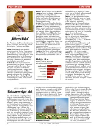 Deutschland                                                                                                                     Panorama
                                                            SPIEGEL: Welche Folgen hat der Krach?               empfiehlt etwa in der Nacht Grenz-
                                                            Flasbarth: Lärm ist das am stärksten un-            werte von 40 Dezibel, in Deutschland
                                                            terschätzte Umweltproblem in                        gelten deutlich höhere Werte.
                                                            Deutschland. Wir wissen durch eine                  SPIEGEL: Das Meeresrauschen im Ur-
                                                            Reihe von Studien definitiv, dass er –              laub stört nicht, aber wenn zu Hause
                                                            gerade wenn er nachts auftritt – die                in gleicher Lautstärke Autos vorbeirau-
                                                            Gesundheit schädigt.                                schen, steigt der Blutdruck?
                                                            SPIEGEL: Wer an der Schnellstraße oder              Flasbarth: Lärm ist eben mehr als nur
                                                            in der Einflugschneise lebt, stirbt eher?           Geräusch. Der Mensch bewertet Ge-




                                          MARC DARCHINGER
                                                            Flasbarth: Er hat ein höheres Risiko.               räusche unterschiedlich. Wenn er den
                                                            Hinzu kommt auch ein ökonomischer                   Eindruck hat, diese wären vermeidbar
                             Flasbarth                      Aspekt: Auf europäischer Ebene rech-                oder werden sogar absichtlich erzeugt,
                                                            net man mit Kosten durch Verkehrs-                  stören sie ihn viel mehr als Geräusche,
                                                            lärm in Höhe von 40 Milliarden Euro                 die er als neutral einstuft.
              U M W E LT
                                                            pro Jahr, unter anderem durch Ge-                   SPIEGEL: Das Bundesverwaltungs-
                                                            sundheitsschäden. Allein im Raum                    gericht verhandelt in dieser Woche
                                                            Frankfurt werden nach unseren Schät-                über ein Flugverbot in Frankfurt
       „Höheres Risiko“                                     zungen in den nächsten zehn Jahren
                                                            durch Fluglärm zusätzliche Kosten von
                                                                                                                nachts zwischen 23 und 5 Uhr. Reicht
                                                                                                                ein solches Verbot aus?
Der Präsident des Umweltbundesamts,                         etwa 400 Millionen Euro nur für die                 Flasbarth: Erwachsene brauchen nach
Jochen Flasbarth, 49, über den Krach                        Behandlung von Herz-Kreislauf-Pa-                   Empfehlungen der WHO 7,5 bis 8
durch Autos, Flugzeuge und Züge                             tienten entstehen.                                  Stunden Schlaf, Kinder deutlich mehr.
                                                            SPIEGEL: Es gibt gesetzliche Grenzwer-              Deshalb halten wir für stadtnahe Flug-
SPIEGEL: In Frankfurt am Main de-                           te gegen unzumutbare Belastungen.                   häfen Nachtflugverbote in der Zeit
monstrieren jede Woche Tausende ge-                         Flasbarth: Die Werte reichen nicht aus,             von 22 bis 6 Uhr für notwendig.
gen Fluglärm, andernorts protestieren                       die Belastung ist deutlich zu hoch. Die             SPIEGEL: Das sei völlig unrealistisch,
die Bürger gegen Güterzüge oder neue                        Weltgesundheitsorganisation (WHO)                   meint die Luftverkehrswirtschaft.
Umgehungsstraßen. Ist die Belastung                                                                             Flasbarth: Eine führende Wirtschafts-
durch Verkehrslärm in Deutschland                                                                               nation wie Deutschland wird wohl
gestiegen – oder sind die Menschen                          Lästiger Lärm                                       nicht ganz ohne Nachtflüge auskom-
empfindlicher geworden?                                     Wodurch sich die Deutschen                          men. Die Frage ist aber, ob die überall
Flasbarth: Beides. Trotz technischer                        am meisten gestört fühlen                           stattfinden müssen. Deshalb brauchen
Verbesserungen an Autos, Zügen und                                                                              wir dringend eine nationale Flugver-
Flugzeugen wächst der Lärm allein                              Straßenverkehr                             55%   kehrsplanung. Derzeit wird ein unseli-
durch die Zunahme des Verkehrs.                                                                                 ger Standortwettbewerb zwischen den
Gleichzeitig nimmt das Umwelt- und                               Nachbarschaft                    37 %          Flughäfen auf dem Rücken der Bevöl-
Gesundheitsbewusstsein der Men-                                      Flugverkehr             29 %               kerung ausgetragen. Viel vernünftiger
schen zu. Nach unseren Umfragen füh-                                                                            wäre es doch, wenn sich alle Beteilig-
len sich 55 Prozent der Deutschen                                       Industrie            28 %               ten einigen, dass Verkehr, der unver-
durch Straßenlärm belästigt. Bei Flug-                                                                          meidlich ist, nur noch dort abgewi-
                                                               Schienenverkehr             22 %
lärm ist es jeder Dritte, bei Schienen-                                                                         ckelt wird, wo er am wenigsten Proble-
lärm jeder Fünfte.                                          Quelle: Umweltbundesamt 2010                        me bereitet.




          AT O M E N E R G I E
                                                            Der Rückbau der Anlagen könnte sich                 produzieren, weil die Genehmigung
                                                            auch deswegen verzögern, weil Behäl-                fehlt, wie die Firma bestätigte. Die Zu-
                                                            ter für nicht mehr benötigten Kern-                 lassung wird nicht vor Ende 2013 er-
Rückbau verzögert sich                                      brennstoff fehlen. So kann die Firma
                                                            GNS derzeit keine Castoren für Brenn-
                                                                                                                wartet. Für die Lagerung nicht voll-
                                                                                                                ständig abgebrannter oder beschädig-
Ein Jahr nach dem endgültigen Aus                           elemente aus Siedewasserreaktoren                   ter Brennelemente gibt es nicht einmal
für acht Atomreaktoren in Deutsch-                                                                                     ein Genehmigungsverfahren.
land ist unklar, wann und wie die An-                                                                                  Schon heute führt der Castor-
lagen abgebaut werden sollen. Derzeit                                                                                  Engpass zu Problemen: Im still-
liegt noch keiner Aufsichtsbehörde ei-                                                                                 gelegten Kraftwerk Brunsbüttel
nes Bundeslands ein Antrag auf Still-                                                                                  in Schleswig-Holstein können
legung nach dem Atomgesetz vor. Das                                                                                    abgekühlte Brennelemente
ergibt sich aus einer Umfrage der                                                                                      nicht in einem sicheren Zwi-
atompolitischen Sprecherin der Grü-                                                                                    schenlager untergebracht wer-
nen im Bundestag, Sylvia Kotting-Uhl,                                                                                  den. Die alten Brennstäbe müs-
unter den betroffenen Ländern. Exper-                                                                                  sen vorübergehend im Reaktor-
ten vermuten, dass die Betreiber keine                                                                                 druckbehälter lagern. Vorige
Fakten schaffen wollen, bevor über                                                                                     Woche sorgte das Atomkraft-
                                                                                                                    PATRICK LUX




ihre Schadensersatzforderungen ent-                                                                                    werk für Schlagzeilen, weil in
schieden ist, die sie wegen des Atom-                                                                                  einer Kaverne ein Atommüll-
ausstiegs gegen den Bund erheben.                           Kraftwerk Brunsbüttel                                      fass völlig verrostet war.
18                                                                  D E R    S P I E G E L    1 1 / 2 0 1 2
 