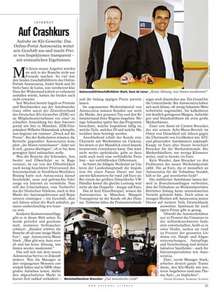 INTERNET



   Auf Crashkurs
  Aufruhr im Kfz-Gewerbe: Das
Online-Portal Autoscout24 weitet
sein Geschäft aus und macht Prei-
se von Inspektionen transparent –
  mit erstaunlichen Ergebnissen.




                                                                                                                                  ARMIN BROSCH / DER SPIEGEL
M
         it ihrem neuen Angebot würden
         sie sich in der Branche nicht nur
         Freunde machen. So viel war
den beiden Geschäftsführern des Online-
Portals Autoscout24, André Stark und Al-
berto Sanz de Lama, von vornherein klar.
Dass der Widerstand jedoch so vehement Autoscout24-Geschäftsführer Stark, Sanz de Lama: „Keine Ahnung, was hinten rauskommt“
ausfallen würde, hatten die beiden auch
nicht erwartet.                            und die bislang üppigen Preise purzeln sogar noch drastischer aus. Ein Grund für
   Seit Wochen bereits hagelt es Proteste lassen.                                     die Unterschiede: Bei Autoscout24 haben
und Beschwerden aus der Autobranche.         Im sogenannten Werkstattportal von sich auch kleine, oft wenig bekannte Meis-
Ganz offen warnt der Zentralverband Autoscout24 müssen Kunden nur noch terbetriebe angemeldet. Sie kalkulieren
des Deutschen Kfz-Gewerbes (ZDK) sei- die Marke, den genauen Typ und den Ki- mit deutlich geringeren Margen, Aufschlä-
ne Mitgliedsunternehmen vor einer zu lometerstand ihres Wagens eingeben. We- gen und Stundenlöhnen als etwa große
schnellen Anmeldung bei dem Internet- nige Sekunden später hat das Programm Markenhäuser.
portal mit Sitz in München. ZDK-Vize- berechnet, welche Inspektion fällig ist,          Einer von ihnen ist Carsten Breucker,
präsident Wilhelm Hülsendonk schimpfte, welche Teile, welches Öl und welche Ma- der mit seinem Acht-Mann-Betrieb im
nun beginne ein ruinöser „Druck auf die terialien dazu benötigt werden.               Osten von Düsseldorf seit Jahren gegen
Preise“. Bei der Kalkulation müssten die     Anschließend erhält der Kunde eine die Übermacht von Großketten wie ATU
Betriebe gegenüber Autoscout24 kom- Übersicht mit Werkstätten im Umkreis, und glitzernden Autohäusern ankämpft.
plett „die Hosen runterlassen“. Jeder sol- bei denen er per Mausklick einen Inspek- Knapp 59 Euro plus Steuer berechnet
le sich „genau überlegen“, ob er bei dem tionstermin vereinbaren kann. Das wäre Breucker für die Werkstattstunde. Bei
gewagten Spiel mitmachen wolle.            nicht weiter spektakulär, gäbe es dazu Markenhändlern, nur wenige Kilometer
   Was die Branche der Schrauber, Aus- nicht auch noch eine verbindliche Preis- weiter, sind es bereits 119 Euro.
beuler und Ölwechsler so in Rage liste – mit verblüffenden Differenzen.                 Kein Wunder, dass Breucker zu den
versetzt, ist ein von der Öffentlichkeit     So bietet die billigste Werkstatt im Um- Profiteuren des neuen Werkstattportals
noch wenig beachteter Pilotversuch des kreis der Landeshauptstadt die Inspek- zählt. Die 49 Euro, die er monatlich an
Internetportals in Nordrhein-Westfalen: tion für einen Passat Diesel mit fast Autoscout24 für die Teilnahme bezahlt,
Bislang hatte sich Autoscout24 darauf 100 000 Kilometern für rund 258 Euro an. hält er für „gut investiertes Geld“.
beschränkt, neue und gebrauchte Fahr- Bei einem der größten Düsseldorfer VW-            Die etablierten Autohäuser lassen der-
zeuge via Internet zu vermitteln. Nun Händler kostet die gleiche Leistung weit weil in Branchenumfragen verbreiten,
will das Unternehmen, eine Tochterfir- mehr als das Doppelte – knapp 548 Euro. dass die Teilnahme an Werkstattportalen
ma der Deutschen Telekom, auch in den        Das ist kein Einzelbeispiel, wissen die Betrieben bislang keine nennenswerten
Markt der Autoinspektionen und Repa- Autoexperten in München. Mangels Vorteile gebracht hätte. Doch schon in
raturen einsteigen – ein Geschäft, dem Transparenz ist der Kunde oft der Dum- wenigen Wochen will Autoscout24 seinen
seit Jahren schon der Ruch anhaftet, ge- me. Teilweise fallen die Preisunterschiede Dienst auf weitere Teile Deutschlands
nauso undurchsichtig wie teuer                                                                 ausweiten. Spielraum für nied-
zu sein.                                                                                       rigere Preise gibt es genug.
   Konkrete Kostenvoranschläge                                                                    Obwohl die Autowerkstätten
gibt es in dieser Welt selten. Es                                                              nur 23 Prozent des Umsatzes in
werde getrickst und geschum-                                                                   der milliardenschweren Indu-
melt, monieren Verbraucher-                                                                    strie erwirtschaften, heißt es in
schützer. „Kunden erleben die                                                                  einer Studie, sacken sie rund
Branche oft als eine riesige Black-                                                            54 Prozent der gesamten Ge-
box“, sagt Autoscout24-Mann                                                                    winne ein. Haupt- und Abgas-
Stark. „Man gibt sein Auto vorn                                                                untersuchungen, Autopflege
ab und hat keine Ahnung, was                                                                   und Verschrottung sind weitere
hinten wieder rauskommt.“                                                                      lukrative Spielfelder – auch für
   Das soll sich mit dem neuen                                                                 Internetspezialisten wie Auto-
                                                                                              OLIVER TJADEN / DER SPIEGEL




Autoscout24-Service in Zukunft                                                                 scout24.
ändern. Was die Manager in                                                                        Dort, verrät Manager Stark,
den vergangenen Monaten ent-                                                                   arbeiten derzeit ganze Teams
wickelt haben und in NRW ohne                                                                  daran, den Kfz-Markt mit wei-
großes Aufsehen testen, dürfte                                                                 teren Angeboten rund ums The-
den abgeschotteten Markt in                                                                    ma Auto „zu beglücken“.
kurzer Zeit radikal verändern – Werkstattbesitzer Breucker: „Gut investiertes Geld“               FRANK DOHMEN, BARBARA SCHMID

                                                 D E R   S P I E G E L   1 1 / 2 0 1 2                                       35
 