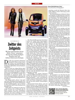 Technik

                                                                                                                     Neues Elektrofahrzeug „Twizy“
                                                                                                                     Verzichtmobil als Trendgefährt?

                                                                                                                      sprechen, werde der Konzern über eine
                                                                                                                      halbe Million solcher Fahrzeuge produ-
                                                                                                                      zieren können.
                                                                                                                         Der Finanzfachmann definierte dieses
                                                                                                                      Ziel offenbar in Unkenntnis der naturwis-
                                                                                                                      senschaftlichen Rahmenbedingungen sei-
                                                                                                                      nes Vorhabens. Die Elektromobile, die
                                                                                                                      Renault und Nissan inzwischen auf den
                                                                                                                      Markt gebracht haben, sind batteriebe-
                                                                                                                      wehrte Standardautos, die trotz teurer
                                                                                                                      und schwerer Akkus nur bescheidene
                                                                                                                      Reichweiten erzielen und obendrein der-
                                                                                                                      art viel Strom fressen, dass auch der Öko-
                                                                                                                      segen ausbleibt.
                                                                                                                         Ghosn hielt es für unnötig, auf dem
                                                                                                                      Weg über die Hybridtechnik den Elektro-
                                                                                                                      antrieb gründlich verstehen zu lernen.




                                                                                             SEBASTIEN FEVAL / AFP
                                                                                                                      Nun hat er Produkte wie den Nissan Leaf
                                                                                                                      im Angebot, die zum Preis reisetauglicher
                                                                                                                      Mittelklassewagen den Aktionsradius der
                                                                                                                      städtischen U-Bahn bedienen.
                                                                                                                         Das Stadtmobil Twizy dagegen illu-
                                                                                                                      striert bescheidener und glaubwürdiger,
                                                  Das Renault-Management bezeichnet                                   wozu der Elektroantrieb bei heutigem
            AU TOM O B I L E                   Twizy als „völlig neues Fahrzeugkon-                                   Entwicklungsstand sinnvollerweise taugt.
                                               zept“; die Zulassungsbehörden ordnen                                   Es fährt 60 bis 100 Kilometer weit, was

       Zwitter des                             den Wagen in der Fahrzeuggattung
                                               „Quad“ ein, einer Mischform aus Auto
                                               und Motorrad, in der auch diverse Spaß-
                                                                                                                      für ein solches Spaßmobil durchaus aus-
                                                                                                                      reichend ist. Dafür genügt ein Lithium-
                                                                                                                      Akku mit gut sechs Kilowattstunden La-

        Zeitgeists                             traktoren amtlich beheimatet sind. Die
                                               Einstufung in diese Fahrzeuggattung er-
                                               spart es dem Hersteller, jegliche Form
                                                                                                                      dekapazität.
                                                                                                                         Die schweren, aus konventionellen Au-
                                                                                                                      tos abgeleiteten E-Mobile verbrauchen
  Mit dem spartanischen Strom-                 von Crash-Sicherheit nachzuweisen. Re-                                 mehr als das Doppelte an Strom und hän-
    Mobil „Twizy“ präsentiert                  nault stattete den Twizy immerhin frei-                                gen beim Nachtanken acht Stunden lang
  Renault das bislang drolligste               willig mit Airbag und Gurten aus und                                   an einer Ladestation, die zudem über
                                               verweist auf eine Rohrrahmen-Struktur,                                 eine robuste Sicherung verfügen muss.
       Resultat einer toll-                    welche die Insassen „nach Art eines                                    Dem Twizy genügen dreieinhalb Stun-
  kühnen Elektroauto-Strategie.                Sturzhelms“ abschirmen soll.                                           den, auch an einer üblichen Steckdose.
                                                  Anders als andere Quads hat der Wa-                                 Er ist entsprechend eine weit geringere


D
         ie Idee des maximal reduzierten       gen ein Dach und auf Wunsch auch Türen,                                Belastung für das Netz.
        Automobils führte in den neunzi-       wenngleich ohne Seitenfenster. Vollstän-                                  So ernüchternd es auch sein mag: Rein
        ger Jahren zur Erschaffung des         diger Witterungsschutz mit Heizung und                                 physikalisch ist der Elektro-Kabinenroller
Smart. Der kugelige Zweisitzer des Daim-       Lüftung, erklären die Konstrukteure, hät-                              das überzeugendere Konzept, verglichen
ler-Konzerns gilt seither als das Stadtauto    te zu viel Aufwand bedeutet und die Kos-                               etwa mit einem Strom-Sportler vom Typ
schlechthin.                                   ten gesprengt. Twizy soll ein zeitgeistrei-                            Tesla. Renault muss nun der Kunstgriff
   Dass es noch um einiges kleiner geht,       cher Zwitter aus Auto und Motorroller                                  gelingen, das Verzichtmobil als elitäres
stellt nun der französische Hersteller Re-     sein, wobei vorerst offenbleibt, ob er eher                            Trendgefährt in Szene zu setzen. Denn
nault unter Beweis. In diesem Frühjahr         die Vor- oder die Nachteile beider Fahr-                               auch dieses Elektrofahrzeug ist, gemessen
wird er ein Großstadtgefährt in den Han-       zeugtypen vereinigt.                                                   an seiner Transportleistung, kein billiges
del bringen, das deutlich weniger Ver-            Unabhängig von seinem Nutzwert                                      Produkt.
kehrsfläche in Anspruch nimmt. Auf             taugt das Gefährt jedenfalls als Gradmes-                                 Im Grundpreis von 7690 Euro für die
einem Standard-Parkplatz sollen drei da-       ser für die Chancen und Grenzen der                                    80-km/h-Version sind weder die halbho-
von quer zur Fahrtrichtung abgestellt wer-     Elektromobilität – einer Antriebsform,                                 hen Türen noch die Batterie inbegriffen.
den können.                                    welcher sich der Firmenverbund aus Re-                                 Renault wird den Akku wie bei anderen
   Der Wagen heißt „Twizy“, hat auch           nault und Nissan kategorisch verschrie-                                Modellen vermieten, je nach Vertrag zu
zwei Sitze, allerdings hintereinander, frei-   ben hat wie kein anderer Automobilpro-                                 Monatsraten zwischen 50 und 72 Euro.
stehende Räder wie manche Kabinenrol-          duzent.                                                                   Auf ein zehnjähriges Autoleben hoch-
ler der Nachkriegsjahre, und er könnte            Konzernchef Carlos Ghosn, einst als                                 gerechnet kostet der Twizy damit mehr
der Phantasie eines Comic-Zeichners ent-       Nissan-Sanierer zur Lichtgestalt aufge-                                als manch vollwertiger Kleinwagen.
sprungen sein.                                 stiegen, hat den baldigen Durchbruch des                                                              CHRISTIAN WÜST
   Twizy fährt rein elektrisch. Es gibt eine   Stromantriebs in die Großserienproduk-
starke Version mit 13 Kilowatt, die 80         tion zur Schicksalsfrage gemacht. Mit                                                Video: Christian Wüst fährt
km/h erreicht und einen Autoführer-            einem Entwicklungsbudget von vier Mil-                                               Renaults neues Elektromobil
schein erfordert, sowie eine auf 45 km/h       liarden Euro will er Renault und Nissan                                              Für Smartphone-Benutzer:
begrenzte, die schon 16-Jährige mit ent-       zu führenden Anbietern von Elektroau-                                                Bildcode scannen, etwa mit
sprechender Lizenz fahren dürfen.              tos machen. Im Jahr 2015, so sein Ver-                                               der App „Scanlife“.

                                                     D E R   S P I E G E L   1 5 / 2 0 1 2                                                                     127
 