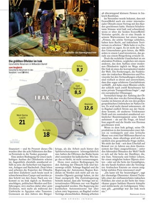 48 überwiegend kleinere Firmen in Ira-
                                                                                                                                             kisch-Kurdistan.
                                                                                                                                                Im November wurde bekannt, dass mit
                                                                                                                                             ExxonMobil auch ein erster internatio-
                                                                                                                                             naler Ölmulti einen Vertrag mit den Kur-
                                                                                                                                             den geschlossen hatte. Hussein Schahris-
                                                                                                                                             tanis Stimme wird kalt und schneidend,




                                                                                                  KAMARAN NAJM / METROGRAPHY / DER SPIEGEL
                                                                                                                                             wenn er über die beiden ExxonMobil-
                                                                                                                                             Vertreter spricht, die er eine Stunde in
                                                                                                                                             seinem Wartezimmer hat sitzen lassen:
                                                                                                                                             „Firmen, die solche Verträge schließen,
                                                                                                                                             haben kein Recht, auf irakischem Terri-
                                                                                                                                             torium zu arbeiten.“ Mehr habe er zu Ex-
                                                                                                                                             xon nicht zu sagen. Es ist nicht der Ton,
                                                                                                                                             den Unternehmer gern hören, die Milli-
                                                            Ölarbeiter am East-Baghdad-Feld                                                  arden in einem Land investieren, das ge-
                                                                                                                                             rade aus einem Bürgerkrieg erwacht ist.
                                                                                                                                                Doch die rechtliche Unsicherheit ist ein
Die größten Ölfelder im Irak                                                                                                                 abstraktes Problem, verglichen mit einem
Geschätzte Reserven in Milliarden Barrel                                                                                                     anderen, das dem Aufbau einer moder-
                                                                          Kirkuk                                                             nen Ölindustrie täglich im Wege steht:
zum Vergleich                         TÜRKEI
Gesicherte Reserven in der
Nordsee: rund 10 Mrd.
                                                                          8,7                                                                Der Irak ist eines der korruptesten Länder
                                                                                                                                             der Welt. Die Forderungen, die Funktio-
                                                                                                                                             näre der irakischen Ministerien und Pro-
                                                                                                                                             vinzräte bei den Verhandlungen erheben,
            SYRIEN                                                                 IRAN                                                      sind vielfach so dreist und unverschämt,
                                                                                                                                             dass dies sogar erfahrene Geschäftsleute
                                                Kirkuk                                                                                       verblüfft. „Ich habe einen Minister erlebt,
                                                                         East
                                                                       Baghdad                                                               der schlicht nach zwölf Reisebussen für

                                                                        8,5
                                                                                                                                             seine private Transportfirma fragte“, sagt
                                                                                                                                             ein europäischer Ölmanager.

                         IRAK
                                                                                                                                                Vermutlich hängt der Aufstieg der Öl-
                                                                                                                                             macht Irak eher von der Entwicklung des
                                              Bagdad                                                                                         Landes im Inneren ab als von den großen
 SAUDI-ARA                                                                           Majnoon                                                 geopolitischen Umbrüchen im Nahen Os-
           B   IEN

                                                                                     12,6                                                    ten. Es wird mehr darauf ankommen, ob
                                                                                                                                             in Bagdad endlich Strom aus der Steck-
                                                                                                                                             dose kommt, ob sauberes Trinkwasser
       West Qurna                                                                                                                            fließt und ein zumindest annähernd ver-
        I und II                                                                                                                             lässlicher Beamtenapparat seine Arbeit

            21
                                                                                                                                             aufnimmt – als auf die Frage, ob Israel
                                                                                                                                             Iran angreift und die Straße von Hormus
                                                                          Basra                                                              geschlossen wird.
                                                                                                                                                Wenn es dem Irak gelingt, seine Öl-
                                 Rumaila                                                                                                     produktion in den kommenden zwei Jah-

                                  18                                   KUWAIT
                                                                                                                                             ren zu verdoppeln und eine kritische
                                                                                                                                             Masse von etwa fünf Millionen Barrel zu
                                                                                                                                             erreichen, dann allerdings wird sich tat-
   100 km
                                                                                                                                             sächlich eine geopolitische Frage stellen.
                                                                                                                                             Wo steht der Irak – seit dem Überfall auf
                                                                                                                                             Kuwait vor 22 Jahren aus dem Quoten-
finanziert – und 80 Prozent dieses Öls          kriegs, als die Arbeit auch hinter den                                                       system der Opec ausgeschlossen – unter
wurden über die acht Füllstutzen des Bas-       Splitterschutzmauern lebensgefährlich                                                        den führenden Ölstaaten der Welt? Stellt
ra-Terminals in die Tanker gepumpt.             war, halten die Ölfirmen das Risiko heute                                                    er sich auf die Seite der Hardliner, die,
   Eine andere Bedingung für einen nach-        aber zumindest für kalkulierbar. Wie lan-                                                    wie Iran, Venezuela und früher Libyen,
haltigen Ausbau der Ölindustrie scheint         ge das so bleibt, ist nicht vorauszusagen.                                                   für einen möglichst hohen Ölpreis strei-
im Augenblick ebenfalls annähernd er-              Denn zwei andere Bedingungen für                                                          ten – oder auf die Seite der Gemäßigten,
füllt zu sein: die Sicherheit von Ingenieu-     den Aufstieg der Ölmacht Irak sind kei-                                                      die wie Saudi-Arabien oder die Vereinig-
ren, Anlagen und Nachschub. Zwar leben          neswegs erfüllt. Solange Bagdad und die                                                      ten Arabischen Emirate an einem mög-
und arbeiten die Experten der Ölmultis          Regierung der Autonomen Region Kur-                                                          lichst stabilen Preis interessiert sind?
und ihrer Zulieferer auch heute noch in         distan im Norden sich nicht auf ein na-                                                         „Da kann ich Sie beunruhigen“, sagt
schwerbewachten Camps und meiden je-            tionales Ölgesetz geeinigt haben, ist der                                                    der ehemalige Ölminister Ahmed Tscha-
den Schritt vor den Zaun: Nach wie vor          Staat zweigeteilt: Die Zentralregierung                                                      labi, einer der einflussreichsten irakischen
kommt es im Irak täglich zu Bomben-             besteht darauf, dass alle Verträge mit in-                                                   Politiker, der einst an der Seite der Ame-
anschlägen, politischen Morden und Ent-         ternationalen Ölfirmen nur von Bagdad                                                        rikaner gegen Saddam Hussein kämpfte
führungen; 2011 starben dabei über 4000         ausgehandelt werden. Die Regierung der                                                       und mittlerweile als Gefolgsmann Tehe-
Zivilisten, weit mehr als während der           kurdischen Autonomiezone hat aber                                                            rans gilt, „gemäßigt war der Irak noch
Umbrüche in Ägypten oder Tunesien.              schon 2005 begonnen, an Bagdad vorbei                                                        nie.“
Gemessen an den Jahren des Bürger-              Verträge abzuschließen. Bislang arbeiten                                                                                 BERNHARD ZAND

                                                         D E R   S P I E G E L    1 5 / 2 0 1 2                                                                                       97
 