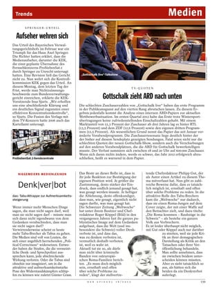 Trends                                                                                                                  Medien
                                        SPRINGER-URTEIL


                                 Aufseher wehren sich
                               Das Urteil des Bayerischen Verwal-
                               tungsgerichtshofs im Februar war ein
                               Triumph für das Haus Axel Springer.
                               Die Richter hatten erklärt, dass die




                                                                                                                                                                                       MICHAEL GOTTSCHALK / DAPD
                               Medienaufseher, darunter die KEK,
                               die einst geplante Übernahme des
                               Fernsehkonzerns ProSiebenSat.1
                               durch Springer zu Unrecht untersagt
                               hatten. Eine Revision ließ das Gericht              „Gottschalk live“-Talkshow
                               nicht zu. Nun wehrt sich die Kontroll-
                               kommission KEK gegen das Urteil. An
                               diesem Montag, dem letzten Tag der                                                              T V- Q U O T E N
                               Frist, werde man Nichtzulassungs-
                               beschwerde zum Bundesverwaltungs-
                               gericht einreichen, erklärte die KEK-
                               Vorsitzende Insa Sjurts. „Wir erhoffen
                                                                                                   Gottschalk zieht ARD nach unten
                               uns eine abschließende Klärung und                 Die schlechten Zuschauerzahlen von „Gottschalk live“ haben das erste Programm
                               ein deutliches Signal zugunsten einer              in der Publikumsgunst auf den vierten Rang abrutschen lassen. Zu diesem Er-
                               effektiven Konzentrationskontrolle“,               gebnis jedenfalls kommt die Analyse eines internen ARD-Papiers zur aktuellen
                               so Sjurts. Die Fusion des Verlags mit              Wettbewerbssituation. Im ersten Quartal 2012 habe das Erste trotz Wintersport-
                               dem TV-Konzern hatte 2006 auch das                 übertragungen keine zufriedenstellenden Einschaltzahlen gehabt. Mit einem
                               Kartellamt untersagt.                              Marktanteil von 12,3 Prozent der Zuschauer ab drei Jahren lag es hinter RTL
                                                                                  (13,5 Prozent) und dem ZDF (12,6 Prozent) sowie den eigenen dritten Program-
GORAN GAJANIN / ACTION PRESS




                                                                                  men (12,5 Prozent). Als wesentlichen Grund nennt das Papier das seit Januar ver-
                                                                                  änderte Vorabendprogramm. Die Zuschauerresonanz liege deutlich hinter der
                                                                                  der bisher auf diesem Sendeplatz gezeigten Sendungen. Fatal seien nicht nur die
                                                                                  schlechten Quoten der neuen Gottschalk-Show, sondern auch die Verschiebungen
                                                                                  auf den anderen Vorabendplätzen, die die ARD für Gottschalk bewerkstelligen
                                                                                  musste. Der Verlust summiere sich zwischen 18 und 20 Uhr auf 600 000 Zuschauer.
                                                                                  Wenn sich daran nichts ändere, werde es schwer, das Jahr 2012 erfolgreich abzu-
                               ProSiebenSat.1-Sendezentrale                       schließen, heißt es warnend in dem Papier.



                                  N I G G E M E I E RS M E D I E N L E X I KO N   Das Beste an dieser Rolle ist, dass in                 tende Chefredakteur Philipp Gut, der
                                                                                  ihr jede Reaktion zur Bestätigung der                  als Autor einen Artikel zu diesem The-
                                                                                  eigenen Position wird. Je größer die                   ma mitverfasst hat. Nun gibt es zahl-
                                  Denk|ver|bot                                    Zustimmung, desto stärker der Ein-
                                                                                  druck, dass endlich jemand gesagt hat,
                                                                                                                                         reiche Beweise dafür, dass es tatsäch-
                                                                                                                                         lich möglich ist, ernsthaft und offen
                                                                                  was gesagt werden musste. Je heftiger                  über solche Probleme zu reden. In die
                               das: Tabu-Attrappe zur Aufmerksamkeits-            die Ablehnung, desto offenkundiger,                    attraktive Rolle des Tabu-Brechers
                               steigerung                                         dass man, wie gesagt, eigentlich nicht                 kam die „Weltwoche“ nur dadurch,
                                                                                  sagen durfte, was man gesagt hat.                      dass sie einen Roma-Jungen auf dem
                               Wenn immer mehr Menschen Dinge                     Die Schweizer Zeitung „Weltwoche“                      Cover zeigte, der mit einer Waffe auf
                               sagen, die man nicht sagen darf, weil              hat unter ihrem Besitzer und Chef-                     den Betrachter zielt, und dazu titelte:
                               man sie nicht sagen darf – müsste man              redakteur Roger Köppel (Bild) in den                   „Die Roma kommen – Raubzüge in die
                               sich dann nicht irgendwann von dem                 vergangenen Jahren fast ihr ganzes pu-                 Schweiz“ – als bestehe ein ganzes
                               Gedanken verabschieden, dass man                   blizistisches Image auf dem Gedanken                   Volk aus Verbrechern.
                               sie nicht sagen darf?                              aufgebaut, dass die Welt (und ins-                     Es ist leider überhaupt nicht möglich,
                               Verwirrenderweise scheint es heute                 besondere die Schweiz) voller Denk-                    mit Gut oder Köppel auch nur darüber
                               mehr Tabu-Brecher als Tabus zu geben.              verbote ist, und dass das,                                         zu streiten, weil sie jede Kri-
                               Die Medien sind voll von Leuten, die               was zu denken verboten ist,                                        tik an ihrer demagogischen
                               sich einer angeblich herrschenden „Poli-           vermutlich deshalb verboten                                        Darstellung als Kritik an den
                               tical Correctness“ widersetzen. Entwe-             ist, weil es wahr ist.                                             Tatsachen oder ihrer Ver-
                               der haben die Strafen, die die vermeint-           Aktuell tut sie so, als dürfe                                      öffentlichung behandeln.
                               liche Denk- und Sprechpolizei aus-                 man nicht über kriminelle                                          Man sollte annehmen, dass
                               sprechen kann, jede abschreckende                  Banden von osteuropäi-                                             sie zwischen beidem unter-
                               Wirkung verloren. Oder die Tabus sind              schen Roma-Familien berich-                                        scheiden können müssten.
                               ohnehin nur imaginiert, um in die                  ten. „Es muss doch möglich                                         Aber es sieht tatsächlich so
                               attraktive und aufmerksamkeitsstarke               sein, ernsthaft und offen                                          aus, als hätten sich die
                               Pose des Widerstandskämpfers schlüp-               über solche Probleme zu                                            beiden da ein Denkverbot
                               fen zu können wie zuletzt Günter Grass.            reden“, klagt der stellvertre-                                     auferlegt.
                                                                                       D E R   S P I E G E L   1 6 / 2 0 1 2                                                    139
 