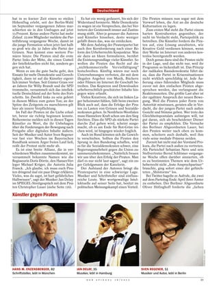 Deutschland

                                hat in so kurzer Zeit einen so steilen         Es hat ein wenig gedauert, bis sich der                         Die Piraten müssen nun sogar mit dem
                                Höhenflug erlebt, seit der Berlin-Wahl Widerstand formierte. Mehr Demokratie                                   Vorwurf leben, die Axt an die deutsche
                                im September vergangenen Jahres mar- zu wagen ist ein Versprechen, das bei Ver-                                Kulturnation zu legen.
                                schierten sie in den Umfragen auf jetzt tretern der Geisteswelt immer auf Zustim-                                 Zum ersten Mal steht die Partei einem
                                13 Prozent. Keine andere Partei hat mehr mung stößt. Aber je genauer die Autoren                               harten Kontrahenten gegenüber, der
                                Zulauf. 25 000 Mitglieder meldete die Par- und Künstler hinsehen, desto weniger                                nicht im Verdacht steht, Parteipolitik zu
                                teiführung vergangene Woche, damit ist gefällt ihnen das, was sie entdecken.                                   betreiben. Die Künstler fordern die Pira-
                                die junge Formation schon jetzt fast halb      Mit dem Aufstieg der Piratenpartei hat                          ten auf, eine Lösung anzubieten, wie
                                so groß wie die 32 Jahre alte Partei der auch ihre Kernforderung nach einer Re-                                Kreative Geld verdienen können, wenn
                                Grünen. Nun kommt eine weitere Pre- form des Urheberrechts Konjunktur. Was                                     ihre Werke im Internet von anderen kos-
                                miere hinzu: Die Piraten sind die erste sie dazu an Ideen formulieren, berührt                                 tenlos bereitgestellt werden.
                                Partei links der Mitte, die einen Gutteil die Existenzgrundlage vieler Künstler. So                               Doch genau dazu sind die Piraten nicht
                                der Intellektuellen nicht für, sondern ge- wollen die Piraten das Recht auf die                                in der Lage, und das nicht nur, weil ihr
                                gen sich hat.                               „nichtkommerzielle Vervielfältigung“                               Programm so lückenhaft ist. Das Prinzip
                                   Wenn es um die gute Sache geht, den festschreiben. Künftig wären nur noch                                   der radikalen Basisdemokratie führt da-
                                Einsatz für mehr Demokratie und Gerech- Unternehmungen verboten, die mit dem                                   zu, dass die Partei in Krisensituationen
                                tigkeit, dann ist auf die Künstler eigent- illegalen Angebot von Musik, Büchern                                nicht wirklich sprechfähig ist. Jede Äu-
                                lich immer Verlass. Seit Günter Grass vor oder Filmen im Internet ihr Geschäft be-                             ßerung eines führenden Mitglieds muss
                                40 Jahren für Willy Brandt und die SPD treiben. Das Kopieren und Downloaden                                    zuvor mit den einfachen Piraten abge-
                                trommelte, versammelt sich das intellek- urheberrechtlich geschützter Inhalte hin-                             sprochen werden, das verlangsamt die
                                tuelle Deutschland auf der Seite des Fort- gegen wäre erlaubt.                                                 Reaktionszeiten. Die größte Last aber ist
                                schritts. Im Zweifel links zu sein gehört      Vielen Kreativen, die sich im linken La-                        der egalitäre Anspruch der neuen Bewe-
                                in diesem Milieu zum guten Ton; an der ger beheimatet fühlen, fällt beim zweiten                               gung. Weil die Piraten jeder Form von
                                Spitze des Zeitgeists zu marschieren gilt Blick auch auf, dass die Erfolge der Pira-                           Autorität misstrauen, geraten alle in Ver-
                                hier als innere Verpflichtung.              ten zu Lasten von Grünen und Sozialde-                             dacht, die der jungen Partei nach außen
                                   Im Fall der Piraten ist die Liebe erkal- mokraten gehen. In Nordrhein-Westfalen                             Gesicht und Stimme geben. Wer trotz des
                                tet, bevor sie richtig beginnen konnte. muss Hannelore Kraft schon um den Sieg                                 Gleichheitspostulats aufsteigen will, tut
                                Reihenweise melden sich in diesen Tagen fürchten. Dass die SPD als stärkste Partei                             gut daran, sich als bescheidener Diener
                                Künstler zu Wort, die ihr Unbehagen durchs Ziel gehen wird, scheint ausge-                                     der Partei zu empfehlen. Die Versuche
                                über die Forderungen der Bewegung nach macht, ob es am Ende für Rot-Grün rei-                                  des Berliner Abgeordneten Lauer, bei
                                Freigabe aller digitalen Inhalte äußern. chen wird, ist hingegen wieder fraglich.                              den Piraten weiter nach oben zu kom-
                                Seit der Musiker und Autor Sven Regener        Auch im Bund könnten sich die Gewich-                           men, scheitern auch deshalb, weil ihm
                                vor fast vier Wochen im Bayerischen te verschieben. Sollten die Piraten den                                    viele seine mediale Präsenz neiden.
                                Rundfunk seinem Ärger freien Lauf ließ, Sprung in den Bundestag schaffen, wird                                    Zurzeit hat nicht mal der Vorstand Pro-
                                reißt der Protest nicht mehr ab.            es für die Sozialdemokraten schwer, eine                           kura, die Partei nach außen zu vertreten.
                                   Es ist eine breite Allianz, die in ver- Regierungsmehrheit gegen die Union zu-                              Als Parteichef Sebastian Nerz und sein
                                schiedenen Medien zusammenkommt, sie sammenzubekommen. „Natürlich freuen                                       Stellvertreter Bernd Schlömer vergange-
                                versammelt bekannte Namen wie die wir uns über den Erfolg der Piraten. Man                                     ne Woche offen darüber sinnierten, ob
                                Regisseurin Doris Dörrie, den Hanser-Ver- darf es nur nicht laut sagen“, sagt ein en-                          es zu bestimmten Themen wie dem Ur-
                                leger Michael Krüger, die Autorin Julia ger Gefolgsmann der Kanzlerin.                                         heberrecht nicht „feste Ansprechpartner“
                                Franck. „Ich glaube, ich muss euch Pira-       Der Aufstand der Autoren bringt die                             brauchte, ging sofort einer der gefürch-
                                ten dringend mal ein paar Dinge erklären. Piratenpartei in eine schwierige Lage.                               teten „Shitstorms“ los.
                                Vieles, was du sagst, ist hart gefährliches Musiker und Schriftsteller sind einfluss-                             Bei Twitter hagelte es Aufrufe, die zwei
                                Halbwissen“, sagt der Musiker Jan Delay reiche Leute. Wer wortgewaltige Intel-                                 auf dem Parteitag Ende April ihrer Ämter
                                im SPIEGEL-Streitgespräch mit dem Pira- lektuelle auf seiner Seite hat, besitzt im                             zu entheben. Der Berliner Abgeordnete
                                ten Christopher Lauer (siehe Seite 116).    politischen Meinungskampf einen Vorteil.                           Oliver Höfinghoff forderte die „lieben

                                Künstler gegen Piraten
PRO.MEDIA KOMMUNIKATION / OBS




                                                                                                                                                                                             TORSTEN SILZ / DAPD
                                                                                                                          ENNIO LEANZA / AP




                                HANS M. ENZENSBERGER, 82                    JAN DELAY, 35                                                     SVEN REGENER, 51
                                Schriftsteller, lebt in München             Musiker, lebt in Hamburg                                          Musiker und Autor, lebt in Berlin
                                                                                  D E R   S P I E G E L   1 6 / 2 0 1 2                                                                21
 