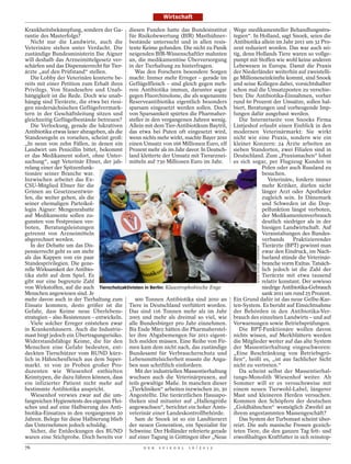 Wirtschaft

Krankheitsbekämpfung, sondern der Ga- diesen Funden hatte das Bundesinstitut             Wege medikamenteller Behandlungsstra-
rantie des Masterfolgs?                     für Risikobewertung (BfR) Masthühner-        tegien“. In Holland, sagt Snoek, seien die
   Nicht nur die Landwirte, auch die bestände untersucht und in allen resis-             Antibiotika allein im Jahr 2011 um 32 Pro-
Veterinäre stehen unter Verdacht. Die tente Keime gefunden. Die nicht zu Panik           zent reduziert worden. Das war auch nö-
zuständige Bundesministerin Ilse Aigner neigenden BfR-Wissenschaftler mahnten            tig, denn Hollands Tiere waren so vollge-
will deshalb das Arzneimittelgesetz ver- an, die medikamentöse Überversorgung            pumpt mit Stoffen wie wohl keine anderen
schärfen und das Dispensierrecht für Tier- in der Tierhaltung zu hinterfragen.           Lebewesen in Europa. Damit die Praxis
ärzte „auf den Prüfstand“ stellen.            Was den Forschern besondere Sorgen         der Niederländer weiterhin auf zweistelli-
   Die Lobby der Veterinäre konterte be- macht: Immer mehr Erreger – gerade im           ge Millioneneinkünfte kommt, sind Snoek
reits mit einer Petition zum Erhalt ihres Geflügelfleisch – sind gleich gegen meh-       und seine Kollegen dabei, vorsichtshalber
Privilegs. Von Standesehre und Unab- rere Antibiotika immun, darunter sogar              schon mal die Umsatzposten zu verschie-
hängigkeit ist die Rede. Doch wie unab- gegen Fluorchinolone, die als sogenannte         ben: Die Antibiotika-Einnahmen, vorher
hängig sind Tierärzte, die etwa bei riesi- Reserveantibiotika eigentlich besonders       rund 60 Prozent der Umsätze, sollen hal-
gen niedersächsischen Geflügelvermark- sparsam eingesetzt werden sollen. Doch            biert, Beratungen und vorbeugende Imp-
tern in der Geschäftsleitung sitzen und von Sparsamkeit spürten die Pharmaher-           fungen dafür ausgebaut werden.
gleichzeitig Geflügelbestände betreuen? steller in den vergangenen Jahren wenig.            Die Internetseite von Snoeks Firma
   Die Verlockung, gerade die lukrativen Allein mit dem Tier-Antibiotikum Baytril,       Lintjeshof erlaubt einen Einblick in den
Antibiotika etwas laxer abzugeben, als die das etwa bei Puten oft eingesetzt wird,       modernen Veterinärmarkt: Sie wirkt
Standesregeln es vorsehen, scheint groß: wenn nichts mehr wirkt, machte Bayer 2010       nicht wie eine Praxis, sondern wie ein
„In neun von zehn Fällen, in denen ein einen Umsatz von 166 Millionen Euro, elf          kleiner Konzern: 24 Ärzte arbeiten an
Landwirt um Penicillin bittet, bekommt Prozent mehr als im Jahr davor. In Deutsch-       sieben Standorten, zwei Filialen sind in
er das Medikament sofort, ohne Unter- land kletterte der Umsatz mit Tierarznei-          Deutschland. Zum „Praxismachen“ lohnt
suchung“, sagt Veterinär Ebner, der jah- mitteln auf 730 Millionen Euro im Jahr.         es sich sogar, per Flugzeug Kunden in
relang einer der Spitzenfunk-                                                                         Polen oder auch Russland zu
tionäre seiner Branche war.                                                                           besuchen.
Inzwischen arbeitet das Ex-                                                                              Veterinäre, fordern immer
CSU-Mitglied Ebner für die                                                                            mehr Kritiker, dürfen nicht
Grünen an Gesetzesentwür-                                                                             länger Arzt oder Apotheker
fen, die weiter gehen, als die                                                                        zugleich sein. In Dänemark
seiner ehemaligen Parteikol-                                                                          und Schweden ist die Dop-
legin Aigner: Mengenrabatte                                                                           pelfunktion längst verboten,
auf Medikamente sollen zu-                                                                            der Medikamentenverbrauch
gunsten von Festpreisen ver-                                                                          deutlich niedriger als in der
boten, Beratungsleistungen                                                                            hiesigen Landwirtschaft. Auf
getrennt von Arzneimitteln                                                                            Veranstaltungen des Bundes-
abgerechnet werden.                                                                                   verbands      Praktizierender
   In der Debatte um das Dis-                                                                         Tierärzte (BPT) gewinnt man

                                                                                                   DETLEV SCHILKE / FOTOFINDER
pensierrecht geht es um mehr                                                                          zwar den Eindruck, im Nach-
als das Kappen von ein paar                                                                           barland stünde die Veterinär-
Standesprivilegien. Die gene-                                                                         branche vorm Exitus. Tatsäch-
relle Wirksamkeit der Antibio-                                                                        lich jedoch ist die Zahl der
tika steht auf dem Spiel. Es                                                                          Tierärzte mit etwa tausend
gibt nur eine begrenzte Zahl                                                                          relativ konstant. Der sowieso
von Wirkstoffen, auf die auch Tierschutzaktivisten in Berlin: Klaustrophobische Enge                  niedrige Antibiotika-Gebrauch
Menschen angewiesen sind. Je                                                                          sank 2011 um rund 25 Prozent.
mehr davon auch in der Tierhaltung zum        900 Tonnen Antibiotika sind 2010 an        Ein Grund dafür ist das neue Gelbe-Kar-
Einsatz kommen, desto größer ist die Tiere in Deutschland verfüttert worden.             ten-System. Es beruht auf Einsichtnahme
Gefahr, dass Keime neue Überlebens- Das sind 116 Tonnen mehr als im Jahr                 der Behörden in den Antibiotika-Ver-
strategien – also Resistenzen – entwickeln. 2005 und mehr als dreimal so viel, wie       brauch des einzelnen Landwirts – und auf
   Viele solcher Erreger entstehen zwar alle Bundesbürger pro Jahr einnehmen.            Verwarnungen sowie Betriebsprüfungen.
in Krankenhäusern. Auch die Industrie- Bis Ende März hätten die Pharmaherstel-              Die BPT-Funktionäre wollen davon
mast birgt jedoch ein Übertragungsrisiko. ler ihre Abgabemengen für 2011 eigent-         nichts wissen, auf Merkblättern werden
Widerstandsfähige Keime, die für den lich melden müssen. Eine Reihe von Fir-             die Mitglieder weiter auf das alte System
Menschen eine Gefahr bedeuten, ent- men kam dem nicht nach, das zuständige               der Massentierhaltung eingeschworen:
deckten Tierschützer vom BUND kürz- Bundesamt für Verbraucherschutz und                  „Eine Beschränkung von Betriebsgrö-
lich in Hähnchenfleisch aus dem Super- Lebensmittelsicherheit musste die Anga-           ßen“, heißt es, „ist aus fachlicher Sicht
markt. 10 von 20 Proben großer Pro- ben nun schriftlich einfordern.                      nicht zu vertreten.“
duzenten wie Wiesenhof enthielten             Mit der industriellen Massentierhaltung       Da scheint selbst der Massentierhal-
Keimtypen, die dazu führen können, dass wuchsen auch die Veterinärpraxen, auf            tungs-Monolith Wiesenhof weiter. Ab
ein infizierter Patient nicht mehr auf teils gewaltige Maße. In manchen dieser           Sommer will er es versuchsweise mit
bestimmte Antibiotika anspricht.            „Tierkliniken“ arbeiten inzwischen 20, 30    einem neuen Tierwohl-Label, längerer
   Wiesenhof verwies zwar auf die um- Angestellte. Die tierärztlichen Hausapo-           Mast und kleineren Herden versuchen.
fangreichen Hygienetests des eigenen Flei- theken sind mitunter auf „Hallengröße         Kommen den Schöpfern der deutschen
sches und auf eine Halbierung des Anti- angewachsen“, berichtet ein hoher Amts-          „Goldhähnchen“ womöglich Zweifel an
biotika-Einsatzes in den vergangenen 20 veterinär einer Landeskontrollbehörde.           ihrem angestammten Massengeschäft?
Jahren. Belege für diese Halbierung blieb     Sam de Snoek ist so ein Landtierarzt          Das System der Turbomast scheint über-
das Unternehmen jedoch schuldig.            der neuen Generation, ein Spezialist für     reizt. Die aufs manische Fressen gezüch-
   Sicher, die Entdeckungen des BUND Schweine. Der Holländer referierte gerade           teten Tiere, die den ganzen Tag fett- und
waren eine Stichprobe. Doch bereits vor auf einer Tagung in Göttingen über „Neue         eiweißhaltiges Kraftfutter in sich reinstop-
76                                               D E R   S P I E G E L   1 6 / 2 0 1 2
 