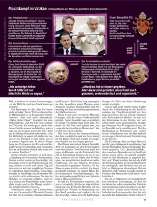 Machtkampf im Vatikan                            Schlüsselﬁguren der Affäre um gestohlene Papst-Dokumente


                                                                                              Der Privatsekretär                                                                                                Papst Benedikt XVI.
FRANCO OR IG L IA / G E T T Y IM AG E S; PAOLO T R E A3 / L AIF; DAVID FE R NAND E Z / D PA




                                                                                              „George Clooney des Vatikans“ nennen                                                                              Viele trauen ihm nicht
                                                                                              italienische Medien den gutaussehenden                                                                            mehr zu, die chao-
                                                                                              Georg Gänswein. Seine Nähe zum Papst                                                                              tischen Verhältnisse
                                                                                              und der damit verbundene Einﬂuss rufen in                                                                         im Vatikan ordnen zu
                                                                                              der Vatikan-Hierarchie Neid und Miss-                                                                             können.
                                                                                              gunst hervor. Der Zeitung „La Repubblica“                                                                         Der Kirchenführer lässt
                                                                                              wurden Briefe Gänsweins mit angeblich                                                                             nur noch wenige Vertraute
                                                                                              kompromittierendem Inhalt zugespielt.                                                                             an sich heran.

                                                                                              Der Kammerdiener                                                                                                                                arbeitet
                                                                                              Paolo Gabriele soll vom päpstlichen                                                                                                             dem
                                                                                              Schreibtisch vertrauliche Unterlagen                                                                                                  erteilt   Papst zu
                                                                                              gestohlen und dann weitergegeben haben.                                                                                               Richt-
                                                                                              Er sitzt derzeit in Haft. Noch ist unklar, wer                                                                                        linien
                                                                                              die Komplizen und Hintermänner sind.

                                                                                              Der Vatikanbank-Manager                                                              Der Kardinalstaatssekretär
                                                                                              Ettore Gotti Tedeschi übernahm 2009                                   Aufsicht       Tarcisio Bertone ist nach dem Papst der zweite
                                                                                              die Leitung der Vatikanbank, um das                                                  Mann im Vatikan. Nicht erst seit der jüngsten
                                                                                              von Skandalen erschütterte Institut                                                  Entlassung des Vatikanbank-Chefs steht
                                                                                              zu sanieren. Am 24. Mai musste der                                                   Bertone in der Kritik. Im Diebstahl der
                                                                                              Manager gehen. Im Vorfeld der Ent-                                                   Unterlagen sieht er „organisierte Angriffe“
                                                                                              lassung soll es heftige Auseinander-                                                 auf den Papst. Viele glauben aber, dass die
                                                                                              setzungen innerhalb der Kurie gegeben                                                Indiskretionen gegen Bertone persönlich
                                                                                              haben.                                                                               gerichtet sind.

                                                                                              „Ich schweige lieber.                                                                „Attacken hat es immer gegeben.
                                                                                              Sonst hätte ich nur                                                                  Aber diese sind gezielter, manchmal auch
                                                                                              hässliche Worte zu sagen.“                                                           grausam, verleumderisch und organisiert.“

                                                                                              Tod, schrieb er in seinen Erinnerungen,                und Carmela. Fünf Jahre lang umsorgten             liturgie die Bitte um deren Bekehrung
                                                                                              „ist die Welt für mich ein Stück leerer ge-            sie ihn, besuchten jeden Morgen seine              wieder einfügte.
                                                                                              worden“.                                               Andacht, feierten Weihnachten und Na-                 Und er hat nicht zuletzt seine Kirche
                                                                                                 Für Ratzinger ist das alles bis heute               menstag mit ihm und nahmen gemeinsam               durch die Anbiederung an die Traditio-
                                                                                              nicht erledigt. Beim Weltfamilientreffen               die Mahlzeiten ein.                                nalisten der Pius-Bruderschaft vor den
                                                                                              in Mailand gab er zu Fragen der Familie                   Dann wurde eine von ihnen, Manuela              Kopf gestoßen, die das Zweite Vatikani-
                                                                                              Antwort. Frei und ohne Manuskript.                     Camagni, 2010 bei einem Verkehrsunfall             sche Reformkonzil ablehnt. So hat sich
                                                                                              „Hallo, lieber Papst“, begrüßte ihn eine               getötet. Papst Benedikt war erschüttert,           der Reformstau in der Kirche, der sich
                                                                                              Siebenjährige. „Ich bin Cat Tien, komme                er kniete vor ihrem Sarg, hielt eine An-           schon unter dem konservativen Vorgän-
                                                                                              aus Vietnam. Ich würde gern etwas über                 dacht für die Tote und sprach von „un-             ger Johannes Paul II. aufgebaut hatte, un-
                                                                                              deine Familie wissen und darüber, wie es               vergesslichen familiären Momenten“, die            ter Benedikt noch verschlimmert. Der Ka-
                                                                                              war, als du so klein warst wie ich.“ Und               er mit ihr erleben durfte.                         tholikentag in Mannheim mit seinen
                                                                                              der 85-jährige Benedikt antwortete: „Um                   Mit dem Verrat des Kammerdieners,               80 000 Teilnehmern war im Mai deshalb
                                                                                              die Wahrheit zu sagen, ich stelle mir vor,             der ihm von früh bis spät zur Seite stand,         ein einziger Aufschrei nach Veränderung
                                                                                              dass es im Paradies so sein wird, wie es               ist die kleine Welt des Joseph Ratzinger           in der Kirche.
                                                                                              in meiner Jugend war. In dieser Umge-                  nun wieder aus den Fugen geraten.                     Die Erfahrung, dass ein Papst Deutsch
                                                                                              bung des Vertrauens, der Freude und der                   Die Bilanz von sieben Jahren Benedikt           spricht, gar ein bayerisch moduliertes, hat
                                                                                              Liebe waren wir glücklich, und ich glaube,             XVI. ist gemessen an den Erwartungen               auf die Deutschen keinen bleibenden Ein-
                                                                                              dass es im Paradies ähnlich sein muss wie              eher bescheiden. Der Deutsche wird we-             druck gemacht. Der „Benedikt-Effekt“,
                                                                                              in meiner Kindheit.“                                   niger als Kämpfer um die Einheit der Kir-          den manch ein Neubekehrter in den Feuil-
                                                                                                 Immer wieder versuchte er, sich diese               che in Erinnerung bleiben, als der er an-          letons schon spürte, ist schnell verpufft,
                                                                                              „Umgebung des Vertrauens“ herzustellen.                trat, sondern als ein Opfer der Verhält-           wenn es ihn überhaupt je gegeben hat.
                                                                                              Immer wieder wurde sie beschädigt. Als                 nisse, der zersplitterten, konkurrierenden         Seit „wir“ Papst wurden, hat sich die Zahl
                                                                                              Ratzinger 2005 in die Papstwohnung ein-                Fraktionen, ein von Affären, Versehen,             der Kirchenaustritte in Deutschland mehr
                                                                                              zog, musste er auch von einem Tag auf                  Ausrutschern geplagter Pontifex. Er hat            als verdoppelt. Am höchsten war sie zu-
                                                                                              den anderen auf eine langjährige Vertrau-              Mauern sogar wieder errichtet, die längst          letzt in Ratzingers ehemaligem Bistum
                                                                                              te verzichten. Ingrid Stampa, seine Haus-              geschleift schienen. Es waren Jahre der            München und Freising. Gerade einmal 30
                                                                                              hälterin in Nachfolge von Schwester Ma-                fortwährenden Entschuldigungen, der                Prozent der Deutschen sind heute noch
                                                                                              ria, durfte nicht mitkommen. Sie war im                fortwährenden angeblichen oder tatsäch-            katholisch.
                                                                                              Hofstaat in Ungnade gefallen, weil sie                 lichen Missverständnisse.                             Die oft in Talkshows von Jubelkatholi-
                                                                                              sich einmal am Papstfenster zum Peters-                   Er hat die Protestanten vergrätzt, de-          ken erhobene Behauptung, all dies sei
                                                                                              platz zeigte und in die Menge winkte –                 nen er abspricht, Kirche im eigentlichen           ein deutsches oder europäisches Problem
                                                                                              ein unverzeihlicher Fauxpas.                           Sinne zu sein. Er hat die Muslime mit un-          und Gejammer, anderswo gehe es der Kir-
                                                                                                 Stattdessen zogen vier Laienschwes-                 geschickten Worten in Regensburg vor               che besser, stimmt nicht einmal im ur-
                                                                                              tern der Gemeinschaft Memoris Domini                   den Kopf gestoßen und zugleich die Ju-             katholischen Lateinamerika, dort hat sich
                                                                                              mit ihm ein, Loredana, Cristina, Manuela               den beleidigt, indem er in die Karfreitags-        die Zahl der Katholiken rasant reduziert.
                                                                                                                                                           D E R   S P I E G E L   2 4 / 2 0 1 2                                                  41
 