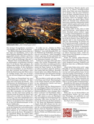 Deutschland

                                                                                                                                                       noch die Italiener. Mancher glaubt, nach
                                                                                                                                                       mehr als 33 Jahren Fremdherrschaft
                                                                                                                                                       durch einen Polen und einen Deutschen
                                                                                                                                                       sei es höchste Zeit für einen Einheimi-
                                                                                                                                                       schen als Papst, schließlich kenne ein ita-
                                                                                                                                                       lienischer Kardinal die römische Kurie
                                                                                                                                                       am besten. Doch seit Vatileaks sieht es
                                                                                                                                                       schlecht damit aus, glaubt Marco Politi:
                                                                                                                                                       „Wenn der Skandal eines offenbart hat,
                                                                                                                                                       dann einen typischen italienischen Schla-
                                                                                                                                                       massel. Italiener gelten nicht mehr als pa-
SESTINI/POLIZIA DI STATO / EIDON / PICTURE ALLIANCE / DPA




                                                                                                                                                       pabile, mit ihrem Machtkampf haben sie
                                                                                                                                                       sich selbst diskreditiert.“
                                                                                                                                                          Benedikt selbst ist klar, dass er nicht
                                                                                                                                                       mehr viel Zeit hat. „Jetzt beginnt ja der
                                                                                                                                                       letzte Abschnitt meines Lebens“, sagte
                                                                                                                                                       er zu seinen Geburtstagsgästen im April.
                                                                                                                                                          Seine Pläne reichen kaum bis ins nächs-
                                                                                                                                                       te Jahr, zum katholischen Weltjugendtref-
                                                                                                                                                       fen in Rio de Janeiro. Ganz oben auf der
                                                                                                                                                       Agenda steht in den kommenden Wo-
                                                                                                                                                       chen die Überwindung des Bruchs mit
                                                                                                                                                       der Priesterbruderschaft, verbunden mit
                                                            Vatikanstadt in Rom: „Jeder kämpft gegen jeden“                                            seiner Mahnung an miteinander streiten-
                                                                                                                                                       de Gruppen in der Kirche zu gegenseiti-
                                                            Die dortigen Evangelikalen vermehren            Er wollte nur ein „Arbeiter im Wein-       gem Respekt. Mit dem in seiner Kirche
                                                            sich hingegen wie die Brote in Kanaan.       berg des Herrn“ sein, ein „Mitarbeiter der    entbrannten Streit um die Bewertung des
                                                               Der Mensch Ratzinger konnte diese sie-    Wahrheit“. Jetzt steht Benedikt XVI. vor      Zweiten Vatikanischen Konzils, das vor
                                                            ben Jahre nur durchhalten, weil er sich      der Wahrheit der Endlichkeit. Seit länge-     50 Jahren begonnen hatte, erlebt der
                                                            kleine Fluchten offenhielt. Neben dem Ta-    rem sei er von Phasen „ tiefer Traurigkeit    Papst derzeit eine Rückkehr zu seiner ei-
                                                            gesgeschäft schrieb er Bücher und Enzy-      erfasst“, sagt einer, der ihm nahesteht. Ob   genen Vergangenheit.
                                                            kliken zur christlichen Liebe („Deus cari-   es sich nur um Schwermut oder schon um           Findet der damals aufgeschlossene,
                                                            tas est“) oder zur Hoffnung („Spe salvi“).   eine Depression handele, sei offen.           dann konservative Seelsorger zum Le-
                                                               Manche Texte wurden Bestseller, auch         Anfang der neunziger Jahre hatte Rat-      bensende die Kraft zur Versöhnung? Für
                                                            im hoffnungslos verweltlichten Deutsch-      zinger zwei leichte Schlaganfälle über-       einen Ausgleich zwischen Tradition und
                                                            land. Es ist diesem Papst gelungen, die      standen. Sein Vater war daran gestorben,      Moderne unter den 1,2 Milliarden Katho-
                                                            säkulare Welt wieder auf den Vatikan auf-    ebenso seine Schwester. Zur Vorbeugung        liken?
                                                            merksam zu machen. In den Feuilletons        nimmt der Papst Aspirin. In den Knien,           „Darin hatte Stalin schon recht“, sagte
                                                            sind seine Enzykliken, ist sein Nachden-     vor allem im rechten, plagt ihn Arthrose.     Benedikt in dem Gesprächsband „Licht
                                                            ken über Vernunft und Glauben, seine         Das Laufen fällt ihm schwerer. Benedikt       der Welt“, „dass der Papst keine Divisio-
                                                            Kritik des Relativismus aller Werte inten-   benutzt daher eine rollbare Plattform, die    nen hat und nicht gebieten kann. Er hat
                                                            siv verfolgt worden. Hier war ein Ponti-     er beim Einzug in den Petersdom besteigt,     auch kein großes Unternehmen, in dem
                                                            fex, der mit dem Zeitgeist auf Augenhöhe     etwa wenn er schwere Messgewänder             gleichsam alle Gläubigen der Kirche seine
                                                            war.                                         trägt.                                        Angestellten oder seine Untertanen wä-
                                                               Der Papst aus Deutschland hat zwar           Seit 2010 fährt er nicht mehr wie früher   ren. Insofern ist der Papst einerseits ein
                                                            viele Erwartungen enttäuscht – oft aller-    in die Berge zum Urlaub. Manchmal geht        ganz ohnmächtiger Mensch. Andererseits
                                                            dings auch zum Guten der Kirche. „Das        er mit seinem Sekretär ein paar Schritte      steht er in einer großen Verantwortung.“
                                                            Christentum, der Katholizismus ist nicht     in den vatikanischen Gärten und betet            Benedikt hat sich immer als lehrenden,
                                                            eine Ansammlung von Verboten, sondern        dort den Rosenkranz.                          nicht als regierenden Pontifex verstanden.
                                                            eine positive Option“, sagte Benedikt vor       In der Kurie und den Hinterzimmern         In die Annalen der Kirchengeschichte
                                                            seiner Bayern-Reise 2006. Er steht zwar      der einschlägigen Palazzi wird bereits an     wird der Professorpapst aus Marktl am
                                                            zur Dogmatik und zur reinen Lehre, ver-      der Nachfolge gearbeitet. Es werden die       Inn gewiss nicht als Benedikt der Große
                                                            sucht aber, niemanden vor den Kopf zu        Zahlenverhältnisse eines etwaigen Kon-        eingehen.
                                                            stoßen, was ihm nicht immer gelingt. In-     klaves analysiert und Kandidaten disku-          Dafür aber als ein Kirchenführer mit
                                                            zwischen wirkt der Papst bei seinen Auf-     tiert – wie schon vor sieben Jahren. Ein      menschlichem Antlitz, der sich selbst,
                                                            tritten schon so milde wie die Queen. Er     Pius XIII. müsste es sein, ein Machtpoli-     dem Theologen, treu geblieben ist und
                                                            versteht es, auch ohne spektakuläre Ges-     tiker mit Stallgeruch, berechnend und be-     darüber die Macht in den eigenen vier
                                                            ten eine Menschenmenge für sich einzu-       rechenbar. Oder einer wie Paul VI., der       Wänden vernachlässigt hat.
                                                            nehmen. In Auschwitz traf er Überleben-      sich um die Interessen der Kurie kümmer-         Ein Papst eben mit kleinem p.
                                                            de, in den USA Missbrauchsopfer, in Ka-      te. Der Name des Mailänders Kardinals                 FIONA EHLERS, ALEXANDER SMOLTCZYK,
                                                            merun Aidskranke.                            Angelo Scola fällt ebenso wie der von                                   PETER WENSIERSKI
                                                               Benedikt wusste besser als andere, wie    Leonardo Sandri, einem Italoargentinier,
                                                            es um den Zustand der real existierenden     und der von Kurienkardinal Gianfranco
                                                            Kirche bestellt, wie weit sie von seinem     Ravasi, Chef des Päpstlichen Kulturrats,                       Video:
                                                            Ideal entfernt ist. Er scheiterte immer      der es als einer von wenigen versteht, mit                     Das Medien-Misstrauen
                                                            wieder auch an der Kurie. Womöglich ist      Medien, Politik und Öffentlichkeit umzu-                       im Vatikan
                                                            die eigentliche Bilanz der sieben Jahre      gehen.                                                         Für Smartphone-Benutzer:
                                                            die Erfahrung der Machtlosigkeit eines          Den größten Block in einem Konklave                         Bildcode scannen, etwa mit
                                                            Papstes.                                     bilden mit 30 Wahlberechtigten immer                           der App „Scanlife“.
                                                            42                                                 D E R   S P I E G E L   2 4 / 2 0 1 2
 