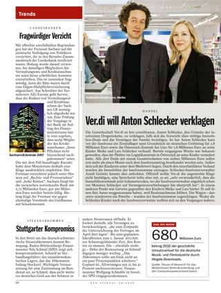 Trends

              LANDESBANKEN


         Fragwürdiger Verzicht
    Mit offenbar zweifelhaften Begründun-
    gen hat der Freistaat Sachsen auf die
    juristische Verfolgung von Politikern
    verzichtet, die in den Beinahe-Zusam-
    menbruch der Landesbank involviert
    waren. Bislang wurde darauf verwie-
    sen, bei damaligen Mitgliedern des
    Verwaltungsrats und Kreditausschus-

                                                                      ANDREAS KÖRNER / WIRTSCHAFTSWOCHE
    ses seien keine erheblichen Summen
    einzutreiben. Das ist zumindest frag-
    würdig, denn die Räte waren durch
    eine Organ-Haftpflichtversicherung
    abgesichert. Aus Schreiben des Ver-
    sicherers AIG Europe geht hervor,
    dass die Risiken von Verwaltungsrat                                                                     Schlecker-Kinder Lars, Meike
                          und Kreditaus-
                          schuss der Sach-
                          sen LB womög-                                                                                                                HANDEL
                          lich abgedeckt wa-
                       WALTRAUD GRUBITZSCH / PICTURE-ALLIANCE / DPA




                          ren. Eine Prüfung
                          der Vorgänge in
                          der Bank im Auf-
                          trag des Finanz-
                                                                                                            Ver.di will Anton Schlecker verklagen
                          ministeriums hat-                                                                 Die Gewerkschaft Ver.di ist fest entschlossen, Anton Schlecker, den Gründer der in-
                          te 2010 ergeben,                                                                  solventen Drogeriekette, zu verklagen, falls sich die Vorwürfe über strittige Immobi-
                          dass sechs Mitglie-                                                               lien-Deals und das Vermögen der Familie bestätigen. So hat Anton Schlecker kurz
                          der des Kredit-                                                                   vor der Insolvenz ein Zentrallager samt Grundstück im steirischen Gröbming für 2,8
                          ausschusses „ihren                                                                Millionen Euro sowie die Österreich-Zentrale bei Linz für 1,8 Millionen Euro an seine
                          Pflichten nicht                                                                   Kinder Meike und Lars Schlecker verkauft. Bereits vergangene Woche war bekannt-
Sachsen-LB-Zentrale 2007 hinreichend nach-                                                                  geworden, dass der Pleitier ein Logistikzentrum in Österreich an seine Kinder veräußert
                          gekommen“ seien.                                                                  hatte. Alle drei Deals mit einem Gesamtvolumen von sieben Millionen Euro sollen
    Die mit dem Fall beauftragte Kanzlei                                                                    erst mehr als einen Monat nach dem Insolvenzantrag beurkundet worden sein. Außer-
    hatte dem Ministerium deshalb eine                                                                      dem soll der Kaufpreis unter dem Marktwert liegen. Durch den innerfamiliären Verkauf
    Klage ausdrücklich empfohlen. Der                                                                       wurden die Immobilien der Insolvenzmasse entzogen. Schlecker-Insolvenzverwalter
    Freistaat verzichtete jedoch unter Hin-                                                                 Arndt Geiwitz könnte dies anfechten. Offiziell wollte Ver.di die angestrebte Klage
    weis auf „Rechts- und Prozessrisiken“                                                                   nicht bestätigen, eine Sprecherin teilte aber mit, es sei „sehr verwunderlich, dass die
    und „hohe Kosten“. Sachsen bürgt für                                                                    Immobilienverkäufe jetzt bekanntwerden, wo der Insolvenzverwalter angeblich schon
    die inzwischen notverkaufte Bank mit                                                                    vor Monaten Schlecker auf Vermögensverschiebungen hin überprüft hat“. In einem
    2,75 Milliarden Euro, gut 300 Millio-                                                                   anderen Punkt war Geiwitz gegenüber den Kindern Meike und Lars härter: Er soll ih-
    nen Euro wurden bereits fällig. Bis-                                                                    nen ihre Autos weggenommen haben, weil Besitznachweise fehlten. Die Wagen – dar-
    lang klagt der Freistaat nur gegen                                                                      unter mindestens ein Porsche – wurden der Insolvenzmasse zugeschlagen. Weder die
    ehemalige Vorstände des Geldhauses                                                                      Schlecker-Kinder noch der Insolvenzverwalter wollten sich zu den Vorgängen äußern.
    auf Schadensersatz.



            STEUE RABKOM M EN
                                                                                                          andere Steueroasen abfließe. Er
                                                                                                          fordert deshalb, alle Vermögen zu                ZAHL DER WOCHE
                                                                                                          berücksichtigen, „die zum Zeitpunkt
    Stuttgarter Kompromiss                                                                                der Unterzeichnung des Vertrages im

    In den Streit um das deutsch-schweize-
    rische Steuerabkommen kommt Be-
    wegung, Baden-Württembergs Finanz-
                                                                                                          April dort lagen“. Bis zum geplanten
                                                                                                          Inkrafttreten zum 1. Januar 2013 hät-
                                                                                                          ten Schwarzgeldsünder Zeit, ihre Kon-
                                                                                                          ten zu räumen. Die – ebenfalls stritti-
                                                                                                                                                          680                Millionen Euro

                                                                                                                                                          betrug 2010 der geschätzte
    minister Nils Schmid (SPD) zeigt sich                                                                 ge – Höhe der Besteuerung ist Schmid            Umsatzverlust für die deutsche
    kompromissbereit. Schmid ist Ver-                                                                     dagegen weniger wichtig: „Das                   Musik- und Filmindustrie durch
    handlungsführer des sozialdemokra-                                                                    Abkommen sollte am Ende nicht an
    tischen Lagers, das das Abkommen                                                                      ein paar Prozentpunkten scheitern.“             illegale Downloads.
    bislang blockiert. Wichtigste Voraus-                                                                 Geplant ist, Altvermögen mit 21 bis 41          Quelle: House of Research für das
    setzung für eine Zustimmung im Bun-                                                                   Prozent nachzuversteuern. Finanz-               Medienboard Berlin-Brandenburg und
    desrat sei, so Schmid, dass nicht weite-                                                              minister Wolfgang Schäuble ist bereit,          den Computerspieleverband Game
    res deutsches Geld aus der Schweiz in                                                                 der SPD entgegenzukommen.
    56                                                                                                         D E R   S P I E G E L   2 4 / 2 0 1 2
 