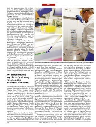 Titel

heißt ihre Langzeitstudie. Die Teilneh-
merinnen stehen nicht nur während der
Schwangerschaft als Studienobjekte zur
Verfügung – sie werden ihre Kinder auch
später jedes Jahr zum Gesundheits-Check
ins UKE bringen.
   Treten künftig zum Beispiel Allergien
auf, wollen die Forscher ihre Diagnosen
mit den Daten aus der Schwangerschaft
abgleichen. Könnten Stresshormone und




                                              ILONA HABBEN / DER SPIEGEL
Belastungen der Mutter die Reifung des
Abwehrsystems der Ungeborenen früh-
zeitig und dauerhaft aus dem Tritt ge-
bracht haben? „Im Mutterleib entscheidet
sich, wie funktionsfähig das Immunsys-
tem später sein wird“, erklärt Reproduk-
tionsimmunologin Arck, „jede Art von
Stress hat vermutlich Einfluss – egal, ob
psychisch, durch Infektionen, Medika-
mente oder Ernährung.“
   Seit Ende 2010 leitet Petra Arck in
Hamburg die Arbeitsgruppe „Experimen-
telle Feto-Maternale Medizin“. Die Ärz-
tin gehört zu einer wachsenden Schar von
Wissenschaftlern, die jenen ersten Le-
bensraum erkunden wollen, der für alle
Menschen gleich ist – und doch so ver-
                                              ILONA HABBEN / DER SPIEGEL




                                                                                                                           ILONA HABBEN / DER SPIEGEL
schieden, dass dort offenbar das indivi-
duelle Fundament von Gesundheit, Psy-
che und Intelligenz gelegt wird: das Bio-
top Mutterleib.
  „Die ersten neun Monate entscheiden
über das Schicksal unserer Kinder“,
glaubt Mediziner Andreas Plagemann,                                        Pränatalforschung an der Hamburger Universitäts-Klinik, Medizinerin Arck bei der Untersuchung von
der an der Berliner Charité die Auswir-
kung mütterlicher Ernährung auf das spä-                                   Programmierung mehr und mehr For-                                            auf Diät oder spritzen ihnen Stresshor-
tere Gewicht und die Neigung zu Stoff-                                     scher in ihren Bann geschlagen.                                              mone, verkabeln Schafsfeten im Mutter-
wechselkrankheiten der Nachkommen er-                                         Doch während sich anfangs vor allem                                       leib und messen Herzschlag und Hirn-
forscht. Für den neuseeländischen Wis-                                     Epidemiologen durch vergilbte Kranken-                                       ströme der Ungeborenen, sie überfüttern
                                                                           hausakten und Melderegister wühlten,                                         Ratten während der Trächtigkeit, um zu
                                                                           fahnden inzwischen Wissenschaftler ver-                                      sehen, ob ihre Babys unausweichlich zu
„Die Startlinie für die                                                    schiedener Disziplinen mit modernen Me-                                      zuckerkranken Moppeln heranwachsen.
psychische Entwicklung                                                     thoden nach Erkenntnissen über ihren                                         Das Erbgut der Nachkommen durchsu-
                                                                           Forschungsgegenstand: Immunologen,                                           chen sie nach epigenetischen Verände-
verschiebt sich                                                            Stoffwechselexperten, Psychologen, Al-                                       rungen.
                                                                           lergieforscher und Reproduktionsmedizi-                                         Und auch beim Menschen wird die Ent-
bis weit vor die Geburt.“                                                  ner – sie alle hoffen, dass sich im rötlichen                                wicklung von der Empfängnis bis weit
                                                                           Dämmerlicht des Uterus Antworten auf                                         hinein ins Leben in großem Stil dokumen-
senschaftler Peter Gluckman, einen der                                     die großen Fragen der Medizin verbergen.                                     tiert. Weltweit haben Gesundheitsbehör-
Pioniere auf dem Forschungsfeld, ist „die                                  Wie wird das Ich geboren, wie wird ein                                       den Schwangerschaft und frühe Kindheit
Prägung in der Fetalzeit genauso wichtig                                   Mensch zu dem, der er ist? Wie entstehen                                     als wichtige Zeitfenster für die Prävention
wie die Gene und der spätere Lebensstil“.                                  bestimmte Krankheiten – und wie lassen                                       entdeckt. Sie hoffen, jene immensen Kos-
   Das gilt auch für die Seele: „Die Start-                                sie sich vermeiden?                                                          ten senken zu können, welche durch Zi-
linie für die psychische Entwicklung ver-                                     Längst ist unumstritten, dass pränatale                                   vilisationskrankheiten wie Übergewicht,
schiebt sich bis weit vor die Geburt“, sagt                                Einflüsse lebenslang Spuren hinterlassen;                                    Krebs, Diabetes und Herz-Kreislauf-Er-
die New Yorker Psychologin Catherine                                       jetzt geht es darum, jene molekularen                                        krankungen verursacht werden.
Monk, die den Ursprung depressiver Er-                                     Mechanismen zu entschlüsseln, die da-                                           Vor allem in den USA und in Großbri-
krankungen im Mutterleib verortet hat.                                     für verantwortlich sind. Einflüsse im Mut-                                   tannien laufen umfangreiche Langzeitstu-
Und der Göttinger Neurobiologe Gerald                                      terleib prägen sogar das Erbgut des                                          dien, mehr als hunderttausend Kinder
Hüther sagt: „Das ganze Leben ist eine                                     Ungeborenen – die junge Disziplin der                                        werden derzeit von ihren frühesten An-
Entdeckungsreise – vieles spricht dafür,                                   Epigenetik, der Erforschung der Beein-                                       fängen im Mutterleib bis ins Erwachse-
dass wir den spannendsten Teil schon hin-                                  flussung der Gene durch die Umwelt,                                          nenalter vermessen, durchleuchtet, beob-
ter uns haben, wenn wir auf die Welt                                       steuert wichtige Erklärungen für das Phä-                                    achtet. Zu diesen Großprojekten gesellen
kommen.“                                                                   nomen der pränatalen Programmierung                                          sich zahllose Studien an lokalen Geburts-
   Seit der britische Arzt David Barker                                    bei.                                                                         kohorten mit kleineren Fallzahlen wie
vor mehr als 20 Jahren die ersten Hinwei-                                     Forscher triezen trächtige Mäuse mit                                      etwa die Hamburger Prince-Studie, mit
se auf den Zusammenhang von Geburts-                                       nervtötenden Geräuschen oder träufeln                                        denen Pränatalforscher jeweils eine spe-
gewicht und späteren Herzkrankheiten                                       ihnen allergieauslösende Stoffe in die                                       zifische Fragestellung im Detail zu beant-
entdeckte, hat die sogenannte pränatale                                    Nase, sie setzen werdende Affenmütter                                        worten hoffen: kaum ein Prägungsfor-
122                                                                              D E R   S P I E G E L   2 5 / 2 0 1 2
 