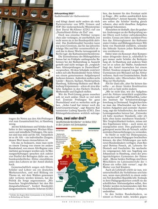 Abiturprüfung 2012*                                                 ben, das kommt für den Freistaat nicht
                                                                       Kuddelmuddel der Kultusminister                                     in Frage: „Wir wollen ausdrücklich kein
                                                                                                                                           Zentralabitur“, betont Spaenle. Stattdes-
                                                                        und klingt damit nicht anders als viele                            sen sollen die Schüler künftig gleich
                                                                        Parteivertreter von SPD, Grünen und                                schwere, aber nicht dieselben Aufgaben
                                                                        FDP. Der niedersächsische Ministerpräsi-                           vorgelegt bekommen.
                                                                        dent David McAllister (CDU) rief ein                                  Abzusehen ist deshalb, dass die geplan-
                                                                        „Deutschland-Abitur als Ziel“ aus.                                 ten Änderungen an der Reifeprüfung we-
                                                                           Doch was einzelne Politiker verspre-                            der Eltern noch Lehrer zufriedenstellen
                                                                        chen oder verlangen, ist unerheblich; erst                         werden. Genau 200 Jahre nachdem Preu-
                                                                        recht wenn sie in der Bundespolitik aktiv                          ßen das Abiturreglement des Kultusmi-
                                                                        sind. Das Kuddelmuddel beenden kann                                nister-Urahns und Bildungsreformers Wil-
                                                                        nur jenes Gremium, das für das jahrzehn-                           helm von Humboldt einführte, schränkt
                                                                        telange Hin und Her verantwortlich ist –                           das föderale System jeden Reformeifer
                                                                        und das in dieser Woche turnusgemäß in                             von vornherein ein.
                                                                        Berlin tagt: die Kultusministerkonferenz.                             Dabei wäre ein Konzept ohne Kompro-
                                                                           Die Zentralinstanz des Bildungsfödera-                          misse dringender denn je, schließlich le-
                                                                        lismus hat im Frühjahr umfangreiche Re-                            gen immer mehr Schüler die Reifeprü-
                                                                        formen bei der Reifeprüfung in Aussicht                            fung ab. In Hamburg und anderen Städ-
                                                                        gestellt und nicht weniger als „vergleich-                         ten ist es schon die Hälfte; bundesweit
                                                                        bare Abiturprüfungen in Deutschland“                               liegt der Anteil inzwischen bei einem
                                                                        versprochen. Ab dem Schuljahr 2016/2017                            Drittel, Tendenz steigend. Längst hat das
                                                                        sollen sich alle Bundesländer beim Abitur                          Gymnasium sein Monopol auf das Abitur
                                                                        aus einem gemeinsamen Aufgabenpool                                 verloren. Auch von Gesamtschulen, Stadt-
                                                                        bedienen können. Außerdem wollen sechs                             teilschulen oder Oberschulen führt der
                                                                        Länder – Bayern, Sachsen, Niedersachsen,                           Weg zur Hochschule.
                                                                        Hamburg, Schleswig-Holstein und Meck-                                 Abi für (fast) alle, aber für keinen das-
                                                                        lenburg-Vorpommern – schon ab 2014 ähn-                            selbe – an dieser fatalen Kombination
                                                                        liche Aufgaben in den Fächern Deutsch,                             wird sich so bald nichts ändern.
                                                                        Mathematik und Englisch stellen.                                      „Mir ist nicht klar, wie der Aufgaben-
                                                                           Wie die Pool-Lösung genau aussehen                              pool die Abiture tatsächlich vergleichba-
                                                                        soll, ist noch unklar. Doch so viel steht                          rer machen soll“, sagt Wilfried Bos, Leiter
                                                                        fest: Zentrale Prüfungen für ganz                                  des Instituts für Schulentwicklungs-
                                                                        Deutschland wird es weiterhin nicht ge-                            forschung in Dortmund. Vergleichen kön-
                                                                        ben. „Jedes Land hat immer noch die                                ne man das Abschneiden nur bei iden-
                                                       ULMER / IMAGO




                                                                        Letztverantwortung“, sagt Bayerns Kul-                             tischen Aufgaben und zentraler Auswer-
                                                                        tusminister Ludwig Spaenle (CSU). Den                              tung, sagt der Schulforscher, der mehrere
                                                                        Bildungsföderalismus wirklich aufzuge-                             Leistungsstudien betreut hat. „Entweder
                                                                                                                                           ich habe messbare Standards, oder ich
tragen die Noten aus den Abi-Prüfungen                                  Eins, zwei oder drei?                                              habe eben keine messbaren Standards.“
viel zum Gesamtschnitt bei, in Hamburg                                  Verpﬂichtende Kernfächer* im Abitur 2012                           Wer Vergleichbarkeit fordere, müsse mit
wenig.                                                                  in den Ländern mit Zentralabitur                                   den Ergebnissen leben – auch wenn sie
   360000 Schülerinnen und Schüler durch-                                                                                                  unangenehm seien. Den geplanten Auf-
liefen in den vergangenen Wochen Klau-                                  ein Kernfach            zwei Kernfächer          drei Kernfächer
                                                                                                                                           gabenpool wertet Bos als Versuch, solche
suren und mündliche Prüfungen. Die meis-                                                                                                   zentralen Datenerhebungen zu vermeiden.
ten sind nun stolz auf ihr Abi. Tatsächlich                             * Mathematik,                                                         So bleibt es wohl bei Diskrepanzen,
                                                                        Deutsch, Fremd-
ist es ihr Abi – ein individuelles Zeugnis,                             sprache (vereinzelt                                                wie sie am besten Pädagogen beschreiben
                                                                        Naturwissenschaft
dessen Wert kaum einzuschätzen ist.                                     oder besondere                                                     können, die über Erfahrungen aus meh-
                                                                                                 Schleswig-
   Um das zu bedauern, muss man nicht                                   Lernleistung)
                                                                                                  Holstein                                 reren Bundesländern verfügen. Zum Bei-
                                                                        **kein                                Mecklenburg-
zu einem Umzug von einem ins andere                                     Zentral-                                                           spiel Bettina Fensch, 48, Lehrerin für
Bundesland, von einem Abi-Regime zum                                    abitur                                Vorpommern                   Deutsch und Geschichte: Sie wechselte
                                                                                                   Hamburg
nächsten gezwungen worden sein. In Mei-                                              Bremen                                                im vergangenen Jahr aus Augsburg ans
                                                                                                                          Berlin
nungserhebungen sprachen sich zuletzt                                                               Nieder-
                                                                                                                                           Johanneum in Hamburg, eines der pres-
vier Fünftel der Befragten dafür aus, ein                                                          sachsen                                 tigeträchtigsten Gymnasien der Hanse-
                                                                                                                           Branden-
bundeseinheitliches Abitur einzuführen;                                                                       Sachsen-       burg          stadt. „Meine beiden Zwillinge sind ihren
unter den Lehrern ist der Anteil ähnlich                                      Nordrhein-                       Anhalt                      Mitschülern im Lateinunterricht der 7.
hoch.                                                                         Westfalen                                                    Klasse ein volles Jahr voraus“, sagt die
                                                                                                                         Sachsen
   Gemeinschaftlich sorgen sich Eltern,                                                                   Thüringen                        Mutter von fünf Kindern.
Schüler und Lehrer um ein deutsches                                                           Hessen                                          Auch als Lehrkraft erlebt sie nun, wie
Markenzeichen, und weil Bildung ein                                      Rheinland-                                                        unterschiedlich die Verhältnisse sein kön-
Thema ist, mit dem Wahlen gewonnen                                        Pfalz**                                                          nen, wenn man plötzlich in einem ande-
oder verloren werden können, hat die                                                                                                       ren Teil derselben Republik lebt. Erstmals
Politik die Sorge angenommen. „Wir                                      Saarland                              Bayern                       in ihrer Pädagogenkarriere erstellt sie die
brauchen Vergleichbarkeit bei den Bil-                                                                                                     schriftlichen Abituraufgaben selbst, ihre
dungsabschlüssen“, fordert Bundesbil-                                                    Baden-                                            Schüler werden im kommenden Jahr ihre
                                                                                       Württemberg
dungsministerin Annette Schavan (CDU)                                                                                                      Geschichtsklausur bearbeiten – in Bayern
                                                                                                                                           undenkbar.
* Schüler des Eugen-Bolz-Gymnasiums in der Festhalle                                                                                          In den beiden Bundesländern, so
in Rottenburg am Neckar.                                                Quelle: Aktionsrat Bildung 2011                                    nimmt es Fensch wahr, würden gegen-
                                                                                  D E R       S P I E G E L       2 5 / 2 0 1 2                                                     47
 