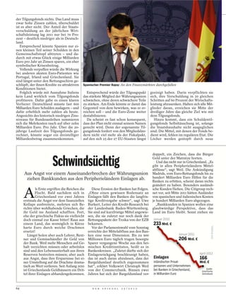 der Tilgungsfonds nichts. Das Land muss
zwar hohe Zinsen zahlen, überschuldet
ist es aber nicht. Der Anteil der Staats-
verschuldung an der jährlichen Wirt-
schaftsleistung lag 2011 nur bei 70 Pro-
zent – deutlich niedriger als in Deutsch-
land.
   Entsprechend könnte Spanien nur ei-
nen kleinen Teil seiner Schulden in den
Gemeinschaftstopf abtreten – und da-
durch mit etwas Glück einige Milliarden
Euro pro Jahr an Zinsen sparen, ein eher




                                             SUSANA VERA / REUTERS
symbolischer Krisenbeitrag.
   Vollends verpuffen würde die Wirkung
bei anderen akuten Euro-Patienten wie
Portugal, Irland und Griechenland. Sie
sind längst unter den Rettungsschirm ge-
schlüpft, der ihnen Kredite zu attraktiven                           Spanischer Premier Rajoy: An den Finanzmärkten durchgefallen
Konditionen bietet.
   Folglich würde mit Ausnahme Italiens                                Entsprechend würde der Tilgungspakt          geeinigt haben. Darin verpflichten sie
kein Land wirklich vom Tilgungsfonds                                 das stärkste Mitglied der Währungsunion        sich, ihre Verschuldung in 20 gleichen
profitieren. Dafür gäbe es einen klaren                              schwächen, ohne deren schwächere Teile         Schritten auf 60 Prozent der Wirtschafts-
Verlierer: Deutschland müsste fast 600                               zu stärken. Am Ende könnte er damit das        leistung abzusenken. Halten sich alle Mit-
Milliarden Euro Schulden auslagern – und                             Gegenteil von dem bewirken, was er er-         glieder daran, erreichen sie Mitte der
dafür erheblich mehr zahlen als heute.                               reichen soll – und die Euro-Zone weiter        dreißiger Jahre das gleiche Ziel wie mit
Angesichts des historisch niedrigen Zins-                            destabilisieren.                               dem Tilgungsfonds.
niveaus für Bundesanleihen summieren                                   Da scheint es fast schon konsequent,            Hinzu kommt, dass ein Schuldentil-
sich die Mehrkosten rasch auf über zehn                              dass der Plan nicht einmal seinem Namen        gungsfonds Selbsttäuschung ist, solange
Milliarden Euro. Pro Jahr. Über die 20-                              gerecht wird. Denn der sogenannte Til-         die Staatshaushalte nicht ausgeglichen
jährige Laufzeit des Tilgungsfonds ge-                               gungsfonds fordert von den Mitgliedslän-       sind. Die Mittel, mit denen der Fonds be-
rechnet, könnte sogar ein dreistelliger                              dern nicht viel mehr als der Fiskalpakt,       dient wird, fehlen im regulären Etat. Die
Milliardenbetrag zusammenkommen.                                     auf den sich 25 der 27 EU-Staaten längst       Löcher werden gestopft durch neue




                         Schwindsüchtig
                                                                                                                     doppelt, ein Zeichen, dass die Bürger
                                                                                                                     Geld unter der Matratze horten.
                                                                                                                        Und das nicht nur in Griechenland. „Es
                                                                                                                     gibt in allen Peripherieländern Mittel-
                                                                                                                     abflüsse“, sagt Weil. Die Ankündigung
     Aus Angst vor einem Auseinanderbrechen der Währungsunion                                                        Madrids, vom Euro-Rettungsfonds bis zu
      ziehen Bankkunden aus den Peripherieländern Einlagen ab.                                                       hundert Milliarden Euro Hilfen für die
                                                                                                                     Banken zu erbitten, scheint daran nichts
                                                                                                                     geändert zu haben. Besonders ausländi-


     A
             ls Erste ergriffen die Reichen die                            Diese Erosion der Banken hat Folgen.      sche Kunden fliehen. Die Citigroup rech-
             Flucht. Bald nachdem sich in                               „Ohne einen gewissen Bodensatz an            net vor, seit Mitte 2011 hätten Ausländer
             Griechenland vor zwei Jahren                               Einlagen fällt den Banken die langfris-      von spanischen und italienischen Konten
     erstmals die Angst vor dem finanziellen                            tige Kreditvergabe schwer“, sagt Uwe         je hundert Milliarden Euro abgezogen.
     Kollaps ausbreitete, mehrten sich Be-                              Burkert, Leiter des Kredit-Research bei        „Bankkunden in Spanien wollen eine
     richte über wohlhabende Griechen, die                              der Landesbank Baden-Württemberg.            glaubwürdige Perspektive, dass das
     ihr Geld ins Ausland schafften. Fort,                              Sie sind auf kurzfristige Mittel angewie-    Land im Euro bleibt. Sonst ziehen sie
     ehe der griechische Fiskus sie vielleicht                          sen, die sie zuletzt nur noch dank der
     doch einmal zur Kasse bittet! Raus aus                             Rettungspakete der Troika von der EZB         Januar 2010
     einem Land, das womöglich in Kürze                                 bekamen.                                      233 Mrd. €
     harte Euro durch weiche Drachmen                                      Vor der Parlamentswahl vom Sonntag
     ersetzt!                                                           erreichte der Mittelabfluss aus den Ban-
        Längst holen aber auch Lehrer, Rent-                            ken eine neue Dimension. Bis zu 900
     ner und Gemüsehändler ihr Geld von                                 Millionen Euro täglich trugen besorgte                          206 Mrd. €
     der Bank. Weil mehr Menschen auf Ge-                               Sparer vergangene Woche aus den hei-
     halt verzichten müssen oder arbeitslos                             mischen Kreditinstituten, heißt es in
     sind und den Lebensunterhalt aus ihren                             Bankenkreisen. „Zuletzt dürfte sich der
     Reserven bestreiten müssen; aber auch                              Einlagenrückgang beschleunigt haben,                                             l 2012
     aus Angst, dass ihre Ersparnisse bei ei-                           das ist auch daran abzulesen, dass der        Einlagen                       166
     ner Umstellung auf die Drachme drama-                              Bargeldumlauf deutlich zugenommen             inländischer Privat-           Mrd. €
     tisch an Wert verlieren. Seit Anfang 2010                          hat“, erklärt Volkswirt Christoph Weil        personen und Unternehmen
                                                                                                                      bei Banken in Griechenland,          Quelle:
     ist Griechenlands Geldhäusern ein Drit-                            von der Commerzbank. Binnen zwei                                              Griechische
     tel ihrer Einlagen abhandengekommen.                               Jahren hat sich der Bargeldumlauf ver-        in Milliarden Euro              Zentralbank




64                                                                        D E R   S P I E G E L   2 5 / 2 0 1 2
 