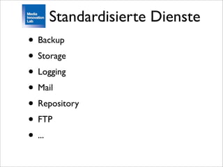 Standardisierte Dienste
• Backup
• Storage
• Logging
• Mail
• Repository
• FTP
• ...
 