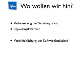 Wo wollen wir hin?

• Verbesserung der Servicequalität
• Reporting/Metriken

• Vereinheitlichung der Softwarelandschaft
 