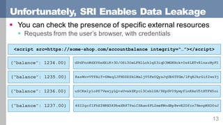 Unfortunately, SRI Enables Data Leakage
13
§ You can check the presence of specific external resources
§ Requests from the user’s browser, with credentials
<script src=https://some-shop.com/accountbalance integrity=“…”></script>
{“balance”: 1234.00} dPdFnnWdXY6eHXiK+3O/OSi3OeLFHlLch1qZ3iqD3MGNXck+Oz4LETv8lnsoNyFI
{“balance”: 1235.00} RasWnvVTFAiT+6NeqIJFRDDDSklMaljV0FxUQysJqUB65TGm/lFqKJkrGif2wzYj
{“balance”: 1236.00} uSCKm1yloPZ7VexjyLQ+sUvakZKycl3CsblGH/9XpGV09ymyf1nKAzU5tXTFH5oi
{“balance”: 1237.00} 4SI2gcfIFhX2NRE5KPbeXR87PaiCSAan6PL2mxKWndBp8wvE2Dfcn7HenpNXD0oJ
 