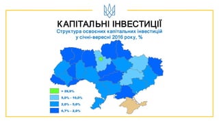 КАПІТАЛЬНІ ІНВЕСТИЦІЇ
Структура освоєних капітальних інвестицій
у січні-вересні 2016 року, %
> 28,0%
0,7% - 2,0%
2,0% - 5,0%
5,0% - 10,0%
 