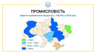 ПРОМИСЛОВІСТЬ
Індекси промислової продукції (▲102,4%) у 2016 році
> 120,0%
< 100,0%
100,0% - 110,0%
111,0% - 120,0%
 