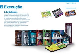 A solução para o problema de comunicação
entre as embalagens surgiu na reconstrução
das mesmas em um projeto que recategorizou
os produtos, adequando características
específicas aos nomes das linhas e agregando
valor baseado no que deveria ser percebido
pelo cliente. Além disso, as embalagens
ficaram mais compactas, facilitando o
acondicionamento, manuseio, transporte e
visualização dos produtos.
CASE DI SOLLE
Execução
2. Embalagens
EMBALAGENS ANTIGAS
 