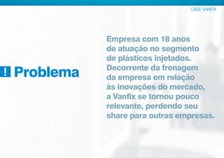 Empresa com 18 anos
de atuação no segmento
de plásticos injetados.
Decorrente da frenagem
da empresa em relação
às inovações do mercado,
a Vanfix se tornou pouco
relevante, perdendo seu
share para outras empresas.
CASE VANFIX
Problema
 