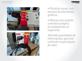 LINHA DE EMBALAGENS
FERRAMENTAS ELÉTRICAS
• Poluição visual, com
excesso de elementos
gráficos.
• Marcas com padrão
cromático próprio,
já estabelecido no
segmento.
•Grande quantidade de
informações, gerando
confusão na percepção
de valor.
 