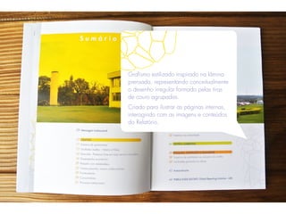 Grafismo estilizado inspirado na lâmina
prensada, representando conceitualmente
o desenho irregular formado pelas tiras
de couro agrupadas.
Criado para ilustrar as páginas internas,
interagindo com as imagens e conteúdos
do Relatório.
 