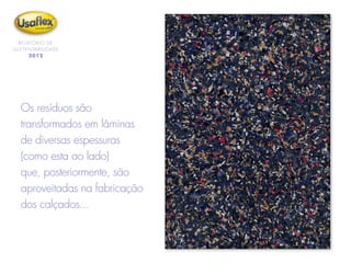 Os resíduos são
transformados em lâminas
de diversas espessuras
(como esta ao lado)
que, posteriormente, são
aproveitadas na fabricação
dos calçados...
RELATÓRIO DE
SUSTENTABILIDADE
2012
 