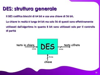 DES: struttura generale   Il DES codifica blocchi di 64 bit e usa una chiave di 56 bit.  La chiave in realtà è lunga 64 bit ma solo 56 di questi sono effettivamente  utilizzati dall'algoritmo in quanto 8 bit sono utilizzati solo per il controllo di parità   