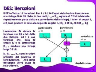 Il DES effettua 16 iterazioni. Per 1    i    16 l'input della i-esima iterazione è una stringa di 64 bit divisa in due parti, L i-1  e R i-1 , ognuna di 32 bit (chiamate rispettivamente parte sinistra e parte destra della stringa). I valori di output L i  e R i  sono prodotti in base alla seguente regola:  L i =R i-1  e R i =L i-1    f(R i-1  , k i ) DES: iterazioni   L'operatore    denota la funzione xor bit a bit delle due stringhe, ed f è una funzione che, data la chiave k i  e la sottostringa R i-1  , produce una stringa lunga 32 bit.  k 1 , k 2 , ..., k 16  sono le chiavi prodotte dal processo di schedulazione. All'i-esima iterazione verrà usata la sola chiave k i . singola iterazione   