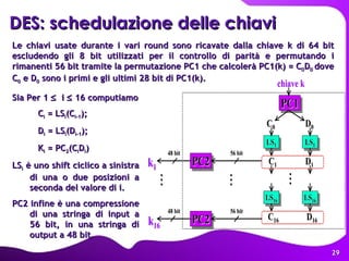 DES: schedulazione delle chiavi   Le chiavi usate durante i vari round sono ricavate dalla chiave k di 64 bit escludendo gli 8 bit utilizzati per il controllo di parità e permutando i rimanenti 56 bit tramite la permutazione PC1 che calcolerà PC1(k) = C 0 D 0  dove C 0  e D 0  sono i primi e gli ultimi 28 bit di PC1(k).  Sia Per 1     i    16 computiamo C i  = LS i (C i-1 ); D i  = LS i (D i-1 ); K i  = PC 2 (C i D i ) LS i  è uno shift ciclico a sinistra di una o due posizioni a seconda del valore di i. PC2 infine è una compressione di una stringa di input a 56 bit, in una stringa di output a 48 bit. 