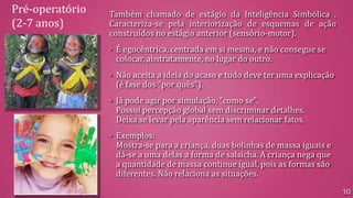 Pré-operatório
(2-7 anos)

Também chamado de estágio da Inteligência Simbólica .
Caracteriza-se pela interiorização de esquemas de ação
construídos no estágio anterior (sensório-motor).
• É egocêntrica, centrada em si mesma, e não consegue se

colocar, abstratamente, no lugar do outro.

• Não aceita a ideia do acaso e tudo deve ter uma explicação

(é fase dos "por quês").

• Já pode agir por simulação, "como se".

Possui percepção global sem discriminar detalhes.
Deixa se levar pela aparência sem relacionar fatos.

• Exemplos:

Mostra-se para a criança, duas bolinhas de massa iguais e
dá-se a uma delas a forma de salsicha. A criança nega que
a quantidade de massa continue igual, pois as formas são
diferentes. Não relaciona as situações.
10

 