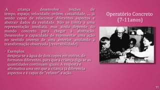 A
criança
desenvolve
noções
de
tempo, espaço, velocidade, ordem, casualidade, ..., já
sendo capaz de relacionar diferentes aspectos e
abstrair dados da realidade. Não se limita a uma
representação imediata, mas ainda depende do
mundo concreto para chegar à abstração.
Desenvolve a capacidade de representar uma ação
no sentido inverso de uma anterior, anulando a
transformação observada (reversibilidade).

Operatório Concreto
(7-11anos)

• Exemplos:

despeja-se a água de dois copos em outros, de
formatos diferentes, para que a criança diga se as
quantidades continuam iguais. A resposta é
afirmativa uma vez que a criança já diferencia
aspectos e é capaz de "refazer" a ação.

11

 