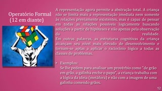 Operatório Formal
(12 em diante)

A representação agora permite a abstração total. A criança
não se limita mais a representação imediata nem somente
às relações previamente existentes, mas é capaz de pensar
em todas as relações possíveis logicamente buscando
soluções a partir de hipóteses e não apenas pela observação
da
realidade.
Em outras palavras, as estruturas cognitivas da criança
alcançam seu nível mais elevado de desenvolvimento e
tornam-se aptas a aplicar o raciocínio lógico a todas as
classes de problemas.
• Exemplos:
Se lhe pedem para analisar um provérbio como "de grão
em grão, a galinha enche o papo", a criança trabalha com
a lógica da ideia (metáfora) e não com a imagem de uma
galinha comendo grãos.
12

 
