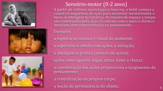 Sensório-motor (0-2 anos)
• A partir de reflexos neurológicos básicos, o bebê começa a

construir esquemas de ação para assimilar mentalmente o
meio. A inteligência é prática. As noções de espaço e tempo
são construídas pela ação. O contato com o meio é direto e
imediato, sem representação ou pensamento.

• Exemplos:

• a exploração manual e visual do ambiente;
• a experiência obtida com ações, a imitação;
• a inteligência prática (através de ações);
• ações como agarrar, sugar, atirar, bater e chutar;
• a coordenação das ações proporciona o surgimento do

pensamento;

• a centralização no próprio corpo;
• a noção de permanência do objeto;

9

 