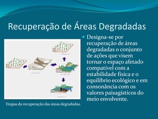 Recuperação de Áreas Degradadas
 Designa-se por

recuperação de áreas
degradadas o conjunto
de ações que visem
tornar o espaço afetado
compatível com a
estabilidade física e o
equilíbrio ecológico e em
consonância com os
valores paisagísticos do
meio envolvente.
Etapas da recuperação das áreas degradadas.

 