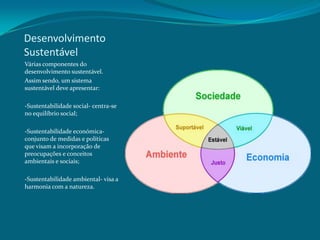 Desenvolvimento
Sustentável
Várias componentes do
desenvolvimento sustentável.
Assim sendo, um sistema
sustentável deve apresentar:
-Sustentabilidade social- centra-se
no equilíbrio social;
-Sustentabilidade económicaconjunto de medidas e políticas
que visam a incorporação de
preocupações e conceitos
ambientais e sociais;
-Sustentabilidade ambiental- visa a
harmonia com a natureza.

 