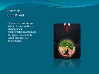Relatório
Brundtland
“O desenvolvimento que
satisfaz as necessidades
presentes, sem
comprometer a capacidade
das gerações futuras de
suprir suas próprias
necessidades.”

 