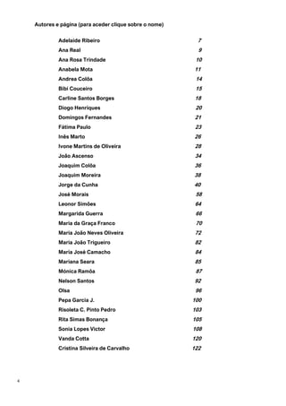 4
Autores e página (para aceder clique sobre o nome)
Adelaide Ribeiro 7
Ana Real 9
Ana Rosa Trindade 10
Anabela Mota 11
Andrea Colôa 14
Bibi Couceiro 15
Carline Santos Borges 18
Diogo Henriques 20
Domingos Fernandes 21
Fátima Paulo 23
Inês Marto 26
Ivone Martins de Oliveira 28
João Ascenso 34
Joaquim Colôa 36
Joaquim Moreira 38
Jorge da Cunha 40
José Morais 58
Leonor Simões 64
Margarida Guerra 66
Maria da Graça Franco 70
Maria João Neves Oliveira 72
Maria João Trigueiro 82
Maria José Camacho 84
Mariana Seara 85
Mónica Ramôa 87
Nelson Santos 92
Olsa 96
Pepa Garcia J. 100
Risoleta C. Pinto Pedro 103
Rita Simas Bonança 105
Sonia Lopes Victor 108
Vanda Cotta 120
Cristina Silveira de Carvalho 122
 