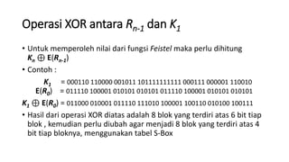Operasi XOR antara Rn-1 dan K1
• Untuk memperoleh nilai dari fungsi Feistel maka perlu dihitung
Kn ⊕ E(Rn-1)
• Contoh :
K1 = 000110 110000 001011 101111111111 000111 000001 110010
E(R0) = 011110 100001 010101 010101 011110 100001 010101 010101
K1 ⊕ E(R0) = 011000 010001 011110 111010 100001 100110 010100 100111
• Hasil dari operasi XOR diatas adalah 8 blok yang terdiri atas 6 bit tiap
blok , kemudian perlu diubah agar menjadi 8 blok yang terdiri atas 4
bit tiap bloknya, menggunakan tabel S-Box
 