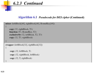 6.23
6.2.3 Continued
Algorithm 6.1 Pseudocode for DES cipher (Continued)
 