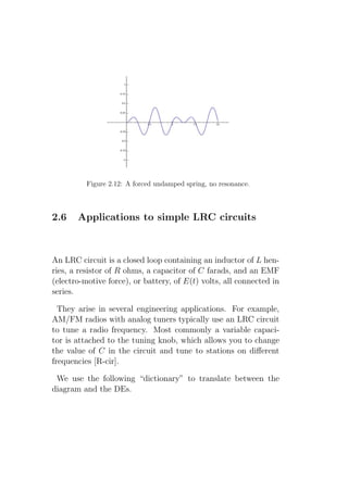 Figure 2.12: A forced undamped spring, no resonance.



2.6    Applications to simple LRC circuits



An LRC circuit is a closed loop containing an inductor of L hen-
ries, a resistor of R ohms, a capacitor of C farads, and an EMF
(electro-motive force), or battery, of E(t) volts, all connected in
series.

  They arise in several engineering applications. For example,
AM/FM radios with analog tuners typically use an LRC circuit
to tune a radio frequency. Most commonly a variable capaci-
tor is attached to the tuning knob, which allows you to change
the value of C in the circuit and tune to stations on diﬀerent
frequencies [R-cir].

 We use the following “dictionary” to translate between the
diagram and the DEs.
 