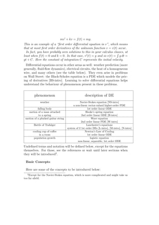 mv ′ + kv = f (t) + mg.
This is an example of a “ﬁrst order diﬀerential equation in v”, which means
that at most ﬁrst order derivatives of the unknown function v = v(t) occur.
  In fact, you have probably seen solutions to this in your calculus classes, at
least when f (t) = 0 and k = 0. In that case, v ′ (t) = g and so v(t) = g dt =
gt + C. Here the constant of integration C represents the initial velocity.
  Diﬀerential equations occur in other areas as well: weather prediction (more
generally, ﬂuid-ﬂow dynamics), electrical circuits, the heat of a homogeneous
wire, and many others (see the table below). They even arise in problems
on Wall Street: the Black-Scholes equation is a PDE which models the pric-
ing of derivatives [BS-intro]. Learning to solve diﬀerential equations helps
understand the behaviour of phenomenon present in these problems.


        phenomenon                                  description of DE
             weather                            Navier-Stokes equation [NS-intro]
                                          a non-linear vector-valued higher-order PDE
           falling body                               1st order linear ODE
   motion of a mass attached                         Hooke’s spring equation
            to a spring                          2nd order linear ODE [H-intro]
 motion of a plucked guitar string                        Wave equation
                                                 2nd order linear PDE [W-intro]
        Battle of Trafalger                          Lanchester’s equations
                                     system of 2 1st order DEs [L-intro], [M-intro], [N-intro]
       cooling cup of coﬀee                         Newton’s Law of Cooling
            in a room                                 1st order linear ODE
        population growth                               logistic equation
                                              non-linear, separable, 1st order ODE

Undeﬁned terms and notation will be deﬁned below, except for the equations
themselves. For those, see the references or wait until later sections when
they will be introduced2 .

 Basic Concepts:

 Here are some of the concepts to be introduced below:
  2
    Except for the Navier-Stokes equation, which is more complicated and might take us
too far aﬁeld.
 