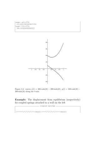 sage: g(0.275)
 -0.12017933629675781
sage: f(0.275)
 346.41024490088557




Figure 3.4: curves x(t) = 400 cosh(2t) − 200 sinh(2t), y(t) = 100 cosh(2t) −
200 sinh(2t) along the t-axis.



Example: The displacement from equilibrium (respectively)
for coupled springs attached to a wall on the left
                             coupled springs


|------////---|mass1|----/////----|mass2|
 