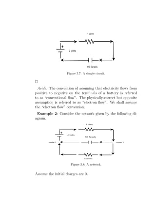 Figure 3.7: A simple circuit.



 Aside: The convention of assuming that electricity ﬂows from
positive to negative on the terminals of a battery is referred
to as “conventional ﬂow”. The physically-correct but opposite
assumption is referred to as “electron ﬂow”. We shall assume
the “electron ﬂow” convention.
 Example 2: Consider the network given by the following di-
agram.




                      Figure 3.8: A network.


Assume the initial charges are 0.
 