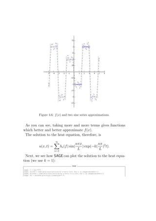 Figure 4.6: f (x) and two sine series approximations.


 As you can see, taking more and more terms gives functions
which better and better approximate f (x).
 The solution to the heat equation, therefore, is
                                   ∞
                                                        nπx          nπ
                 u(x, t) =              bn (f ) sin(        ) exp(−k( )2 t).
                                  n=1
                                                         L           L
  Next, we see how SAGE can plot the solution to the heat equa-
tion (we use k = 1):
                                                    SAGE

sage:   t = var("t")
sage:   soln50 = sum([b[n]*sin((n+1)*x)*eˆ(-(n+1)ˆ2*t) for n in range(len(b50))])
sage:   soln50a = sum([b[n]*sin((n+1)*x)*eˆ(-(n+1)ˆ2*(1/10)) for n in range(len(b50))])
sage:   P4 = soln50a.plot(0,pi,linestyle=":")
 