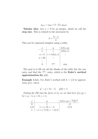 ynew = yold + h · f (x, yold ).
 Tabular idea: Let n > 0 be an integer, which we call the
step size. This is related to the increment by

                              b−a
                           h=      .
                                n
This can be expressed simplest using a table.

                  x        y        hf (x, y)
                   a       c        hf (a, c)
                                        .
                                        .
                a + h c + hf (a, c)     .
                           .
                           .
                a + 2h     .
                   .
                   .
                   .
                   b      ???         xxx

 The goal is to ﬁll out all the blanks of the table but the xxx
entry and ﬁnd the ??? entry, which is the Euler’s method
approximation for y(b).

Example 1.5.1. Use Euler’s method with h = 1/2 to approxi-
mate y(1), where

                 y ′ − y = 5x − 5,     y(0) = 1.
 Putting the DE into the form (1.5), we see that here f (x, y) =
5x + y − 5, a = 0, c = 1.

         x          y          hf (x, y) = 5x+y−5
                                              2
         0          1                  −2
        1/2   1 + (−2) = −1           −7/4
         1 −1 + (−7/4) = −11/4
 